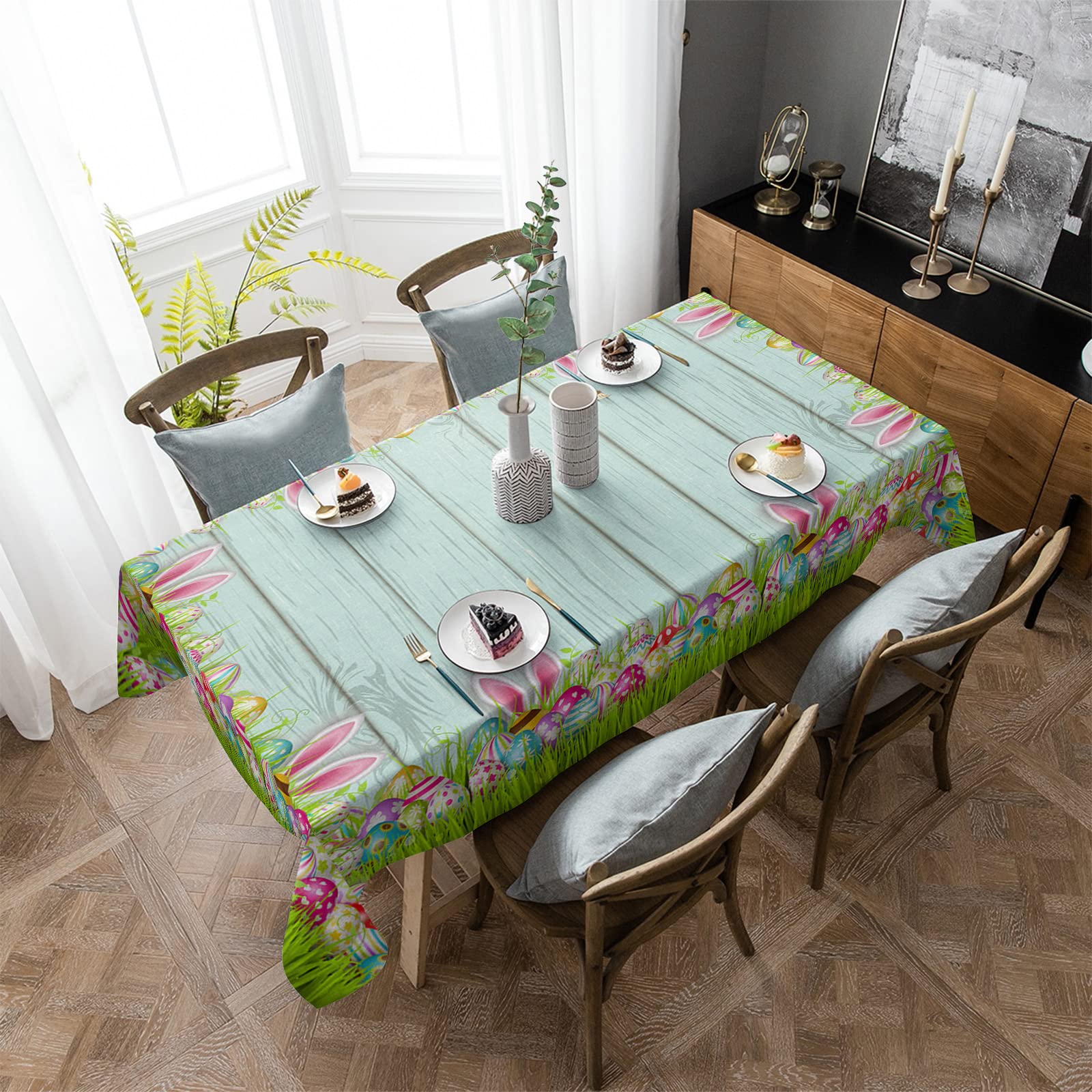 Easter Tablecloth Waterproof - 52x70 Inch Rectangle Easter Bunny & Eggs Design Rustic Wood Spring Table Cover for Kitchen, Party, Outdoor Dining Decor - Perfect for Easter Celebrations, Spring Gatherings & Home Decor