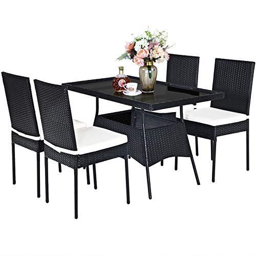 HAPPYGRILL 5-Piece Outdoor Patio Dining Set - Rattan Wicker Table & Chairs with Cushions & Tempered Glass Top - Garden, Poolside & Backyard Furniture for Relaxing & Entertaining