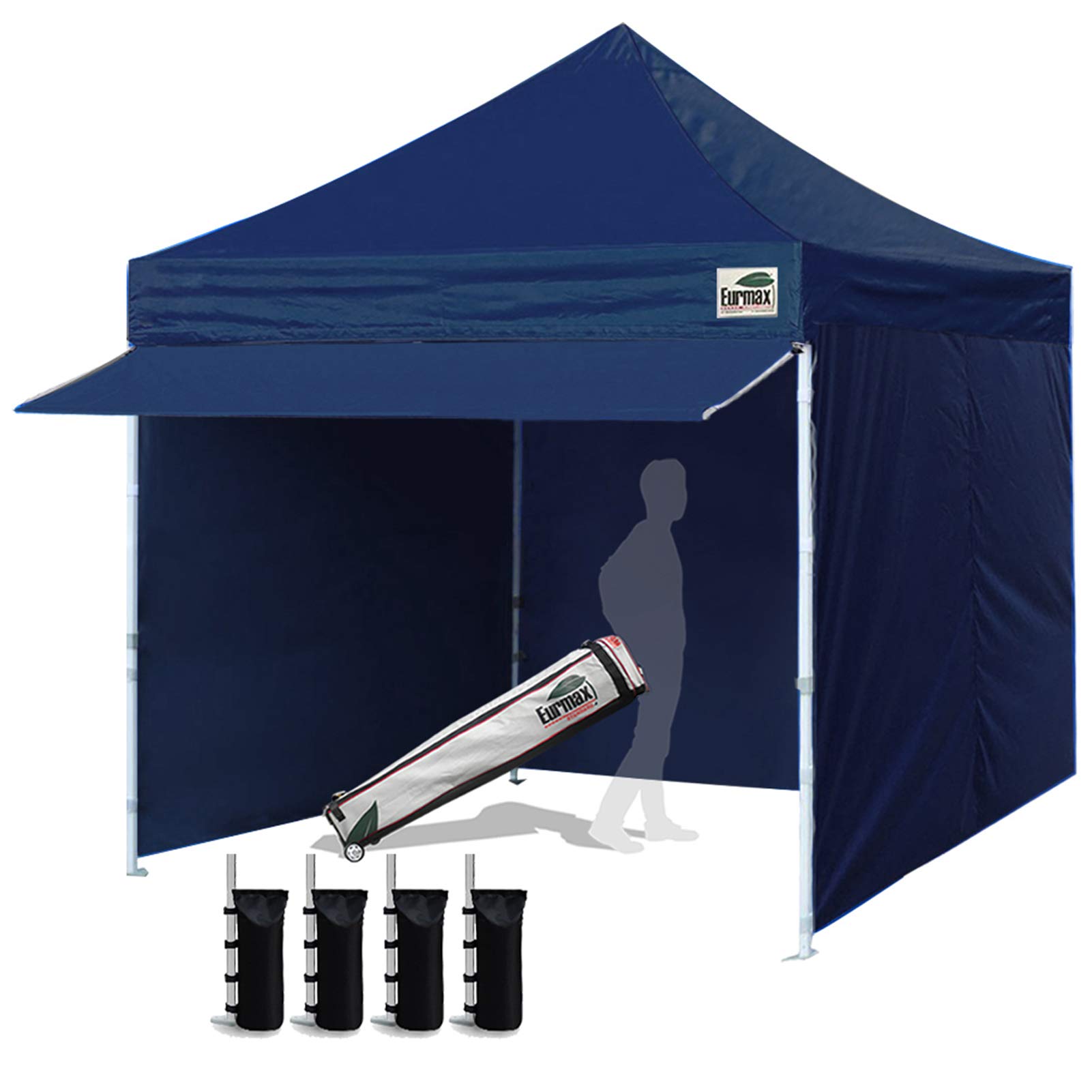 Eurmax USA 10x10 FT Commercial Pop Up Canopy Tent with 4 Removable Zippered Sidewalls, Roller Bag, 4 Sand Bags & 24 Sq Ft Extended Awning - Navy Blue - Perfect for Outdoor Parties, Farmers Markets, Beach Events & Tailgating