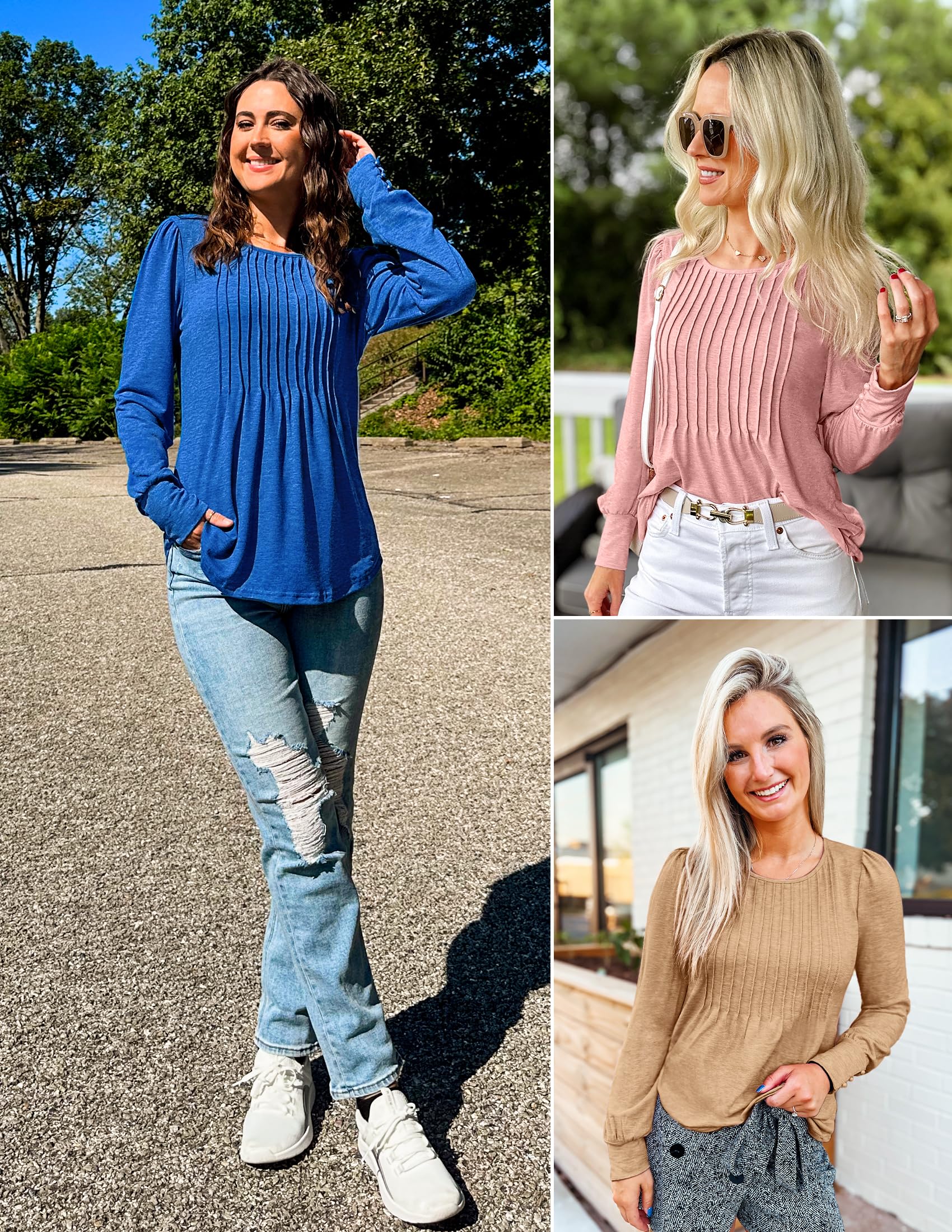 ZESICA Women's Long Sleeve Crew Neck Pleated Tunic Blouse - Fall Casual Tops for Work, Date Night & Everyday Wear