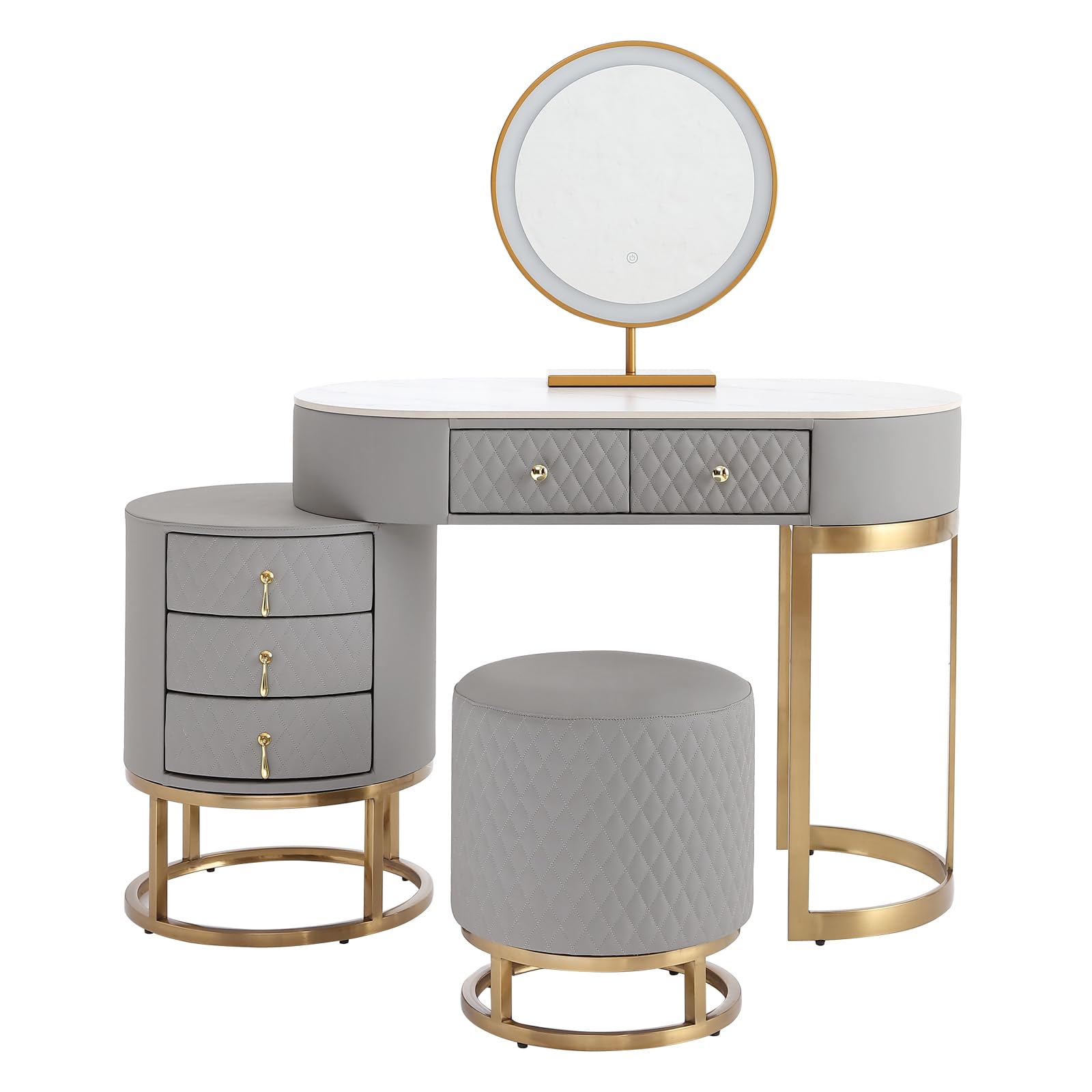 Luxury Faux Leather Vanity Desk Set with LED Mirror & Stool - Perfect for Makeup & Dressing Room