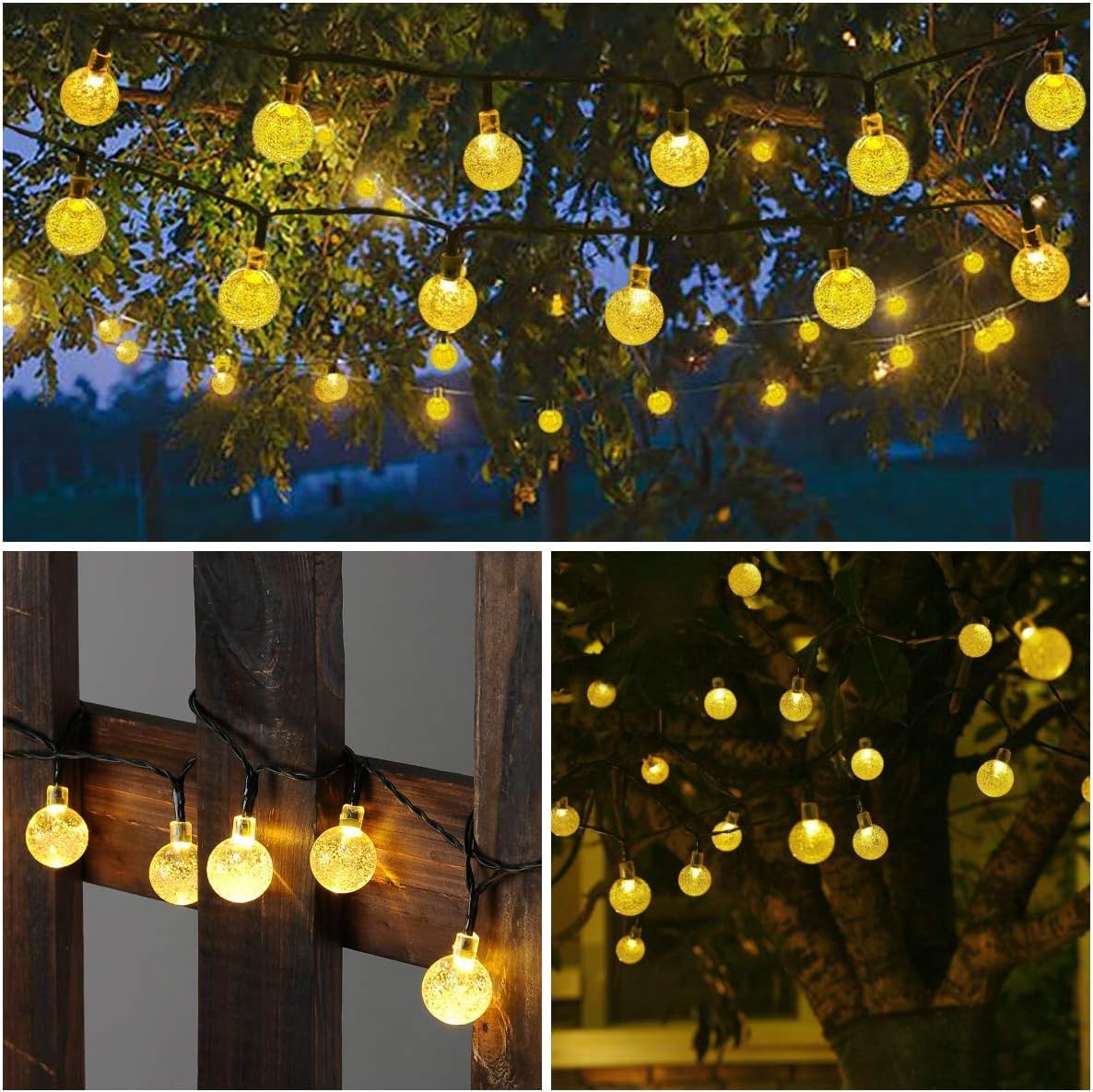 Toodour 36ft 60 LED Solar String Lights Outdoor Waterproof - Crystal Ball Fairy Lights with 8 Lighting Modes for Garden, Lawn, Patio, Yard, Gazebo - Warm White Solar Powered Decorative Lighting for Parties, Weddings & Outdoor Events