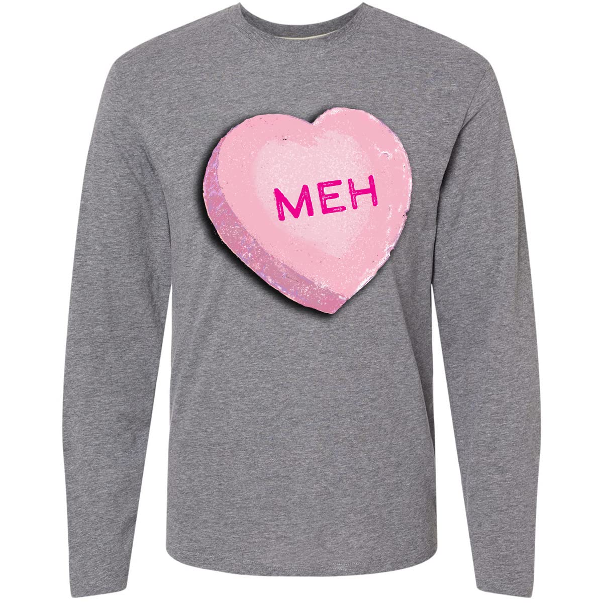 Anti-Valentine's Day Candy Heart Meh Graphic Long Sleeve T-Shirt | Sarcastic Humor Apparel for Women & Men | Perfect for Breakups, Singles Parties & Ironic Valentine's Gifts