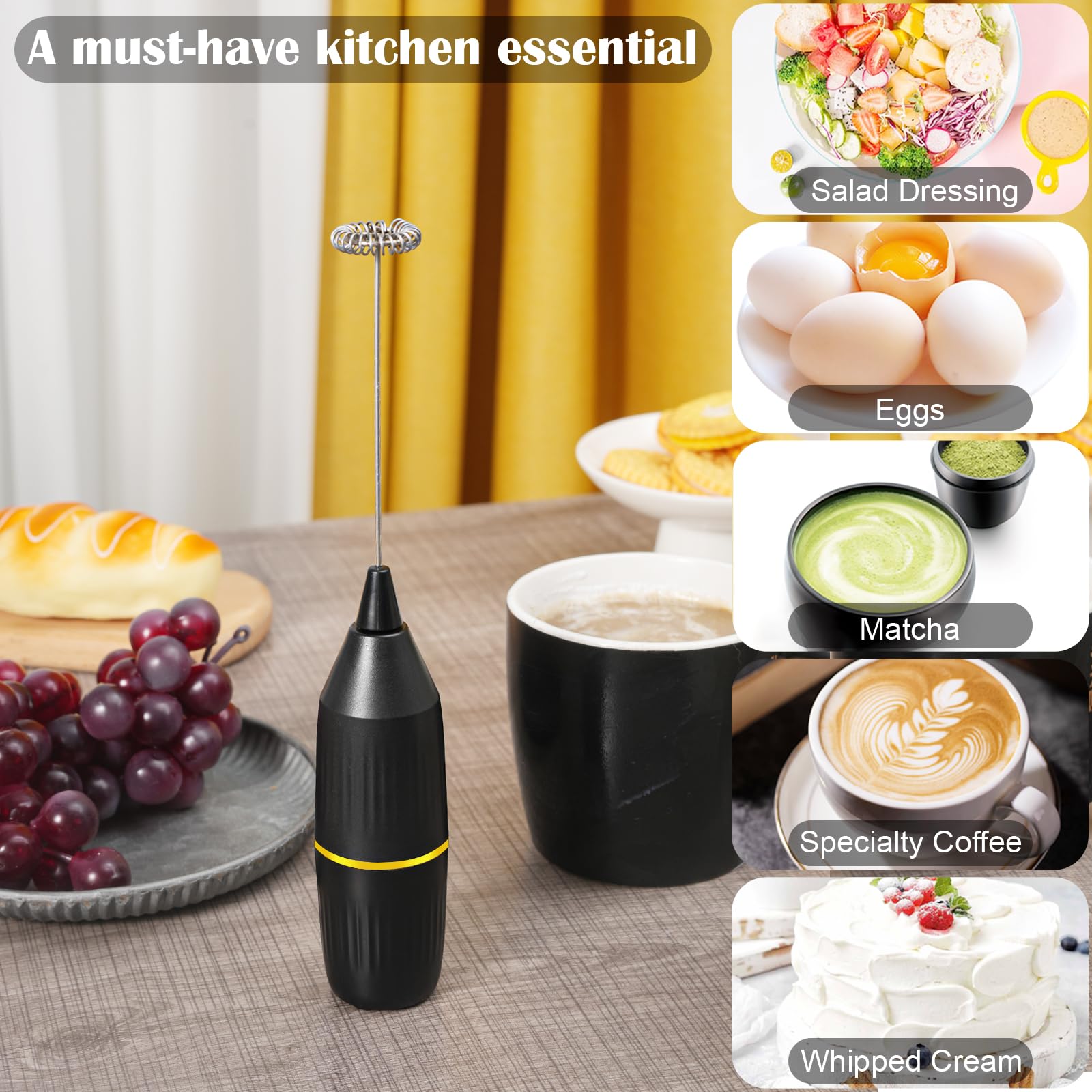 Premium Handheld Milk Frother 2-Pack - Electric Drink Mixer & Foam Maker for Coffee, Latte, Cappuccino, Matcha, Hot Chocolate - Perfect for Home Barista, Coffee Shops & Kitchen Use (Black) - Ideal Coffee Accessories Gift Set