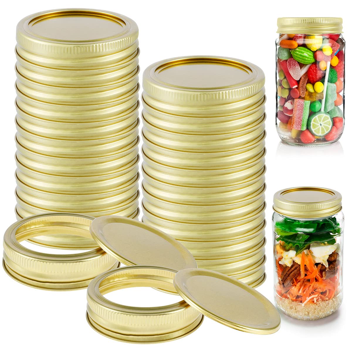 48Pcs Regular Mouth Mason Jar Lids and Rings - 24 Lids + 24 Bands with Leak Proof Seal - Food Grade Gold 70mm Canning Supplies for Ball Jars - Perfect for Home Canning, Pickling, and Food Storage