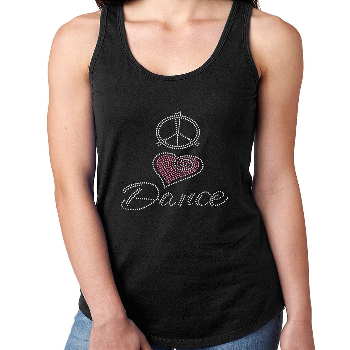 Women's Rhinestone Bling Black Fitted T-Shirt with Peace Love Dance Pink Heart Design - Perfect for Dance Parties, Concerts & Casual Wear