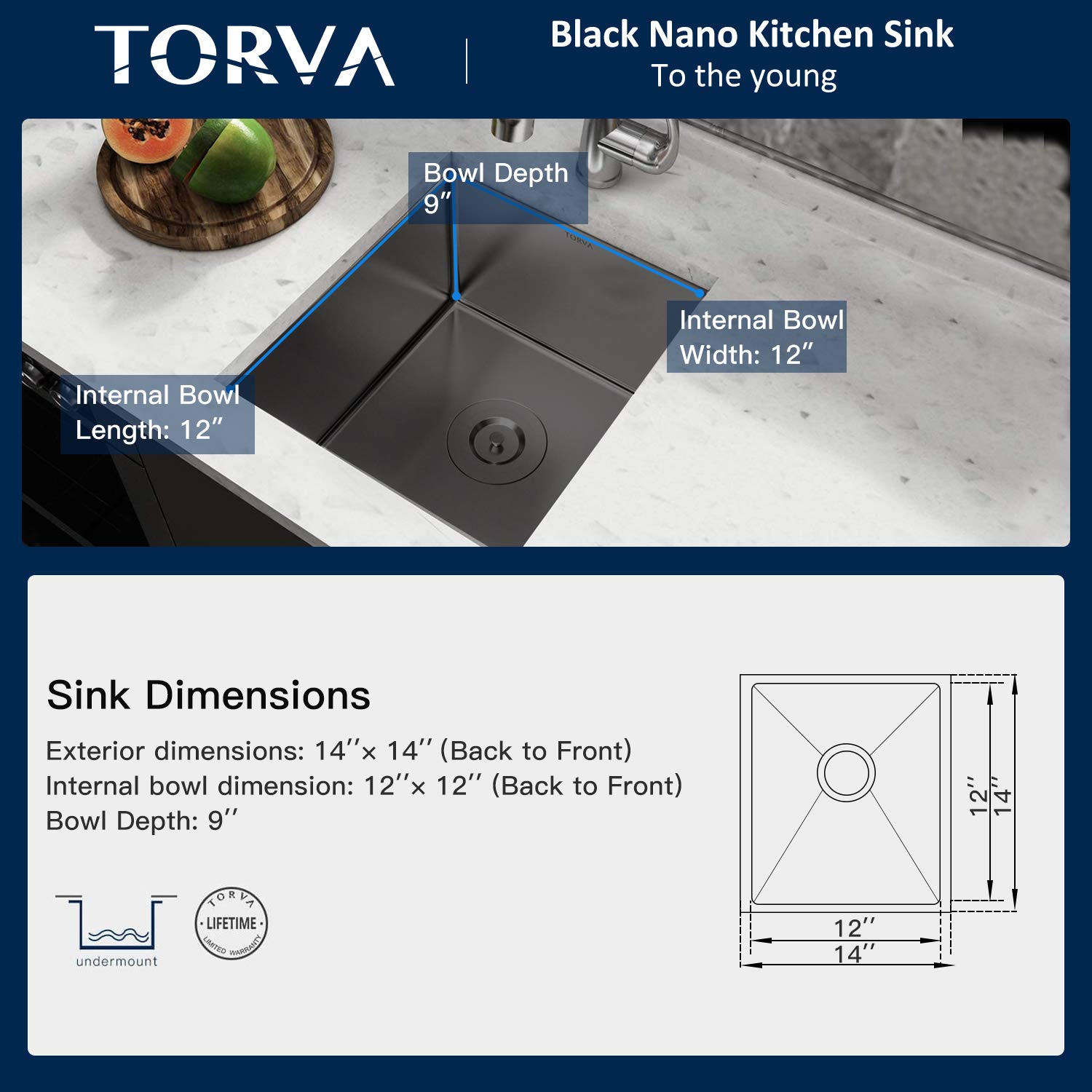 TORVA 14 x 14 Inch Undermount Bar Sink - Gloss Black Ceramic Coating with NanoTek Technology & Pull Down Kitchen Faucet | Perfect for Small Kitchens, Wet Bars, Coffee Stations & Outdoor BBQ Areas