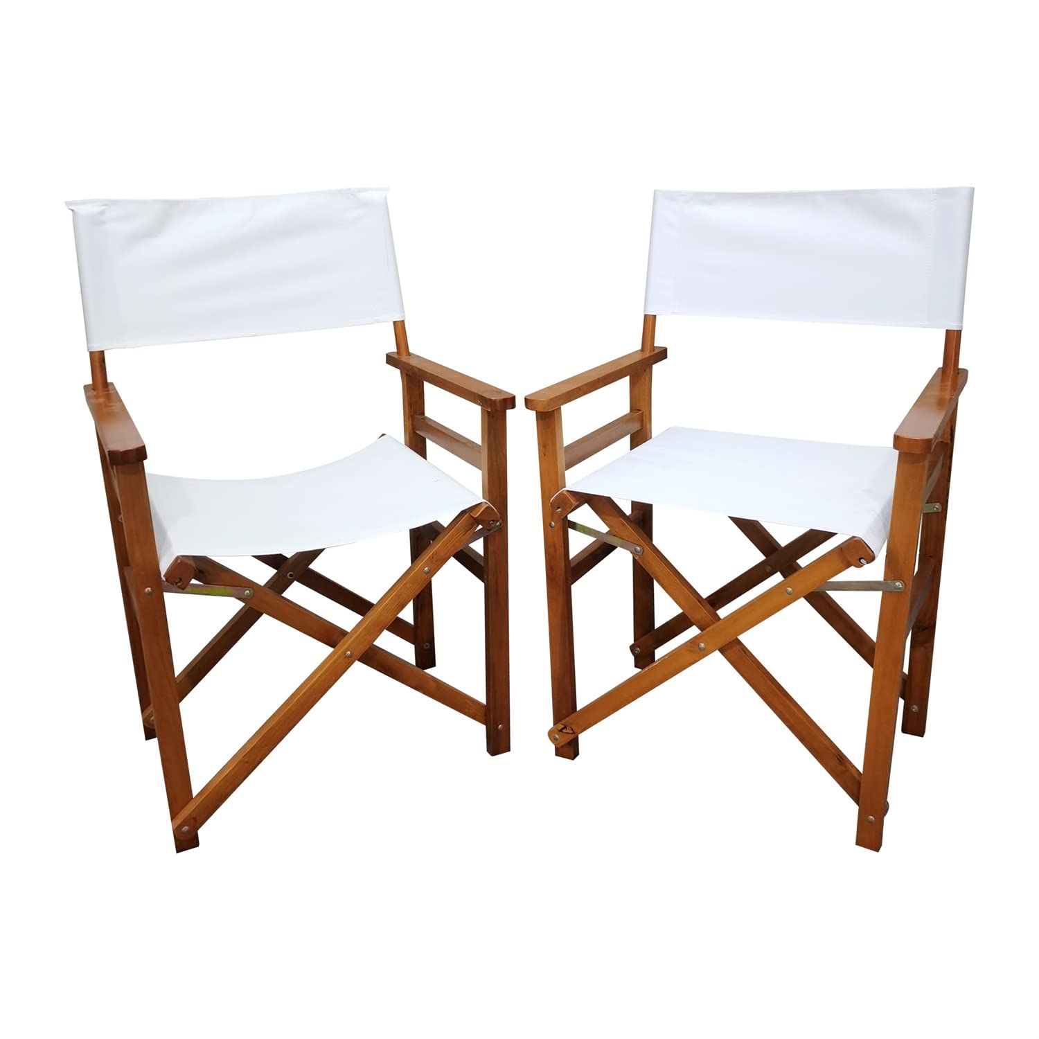 Set of 2 Professional Folding Director Chairs - Portable Dining Height Artist Chairs with Natural Wood Frame & White Canvas - Lightweight Camping Lawn Chairs for Backyard, Beach, Picnics, and Outdoor Events