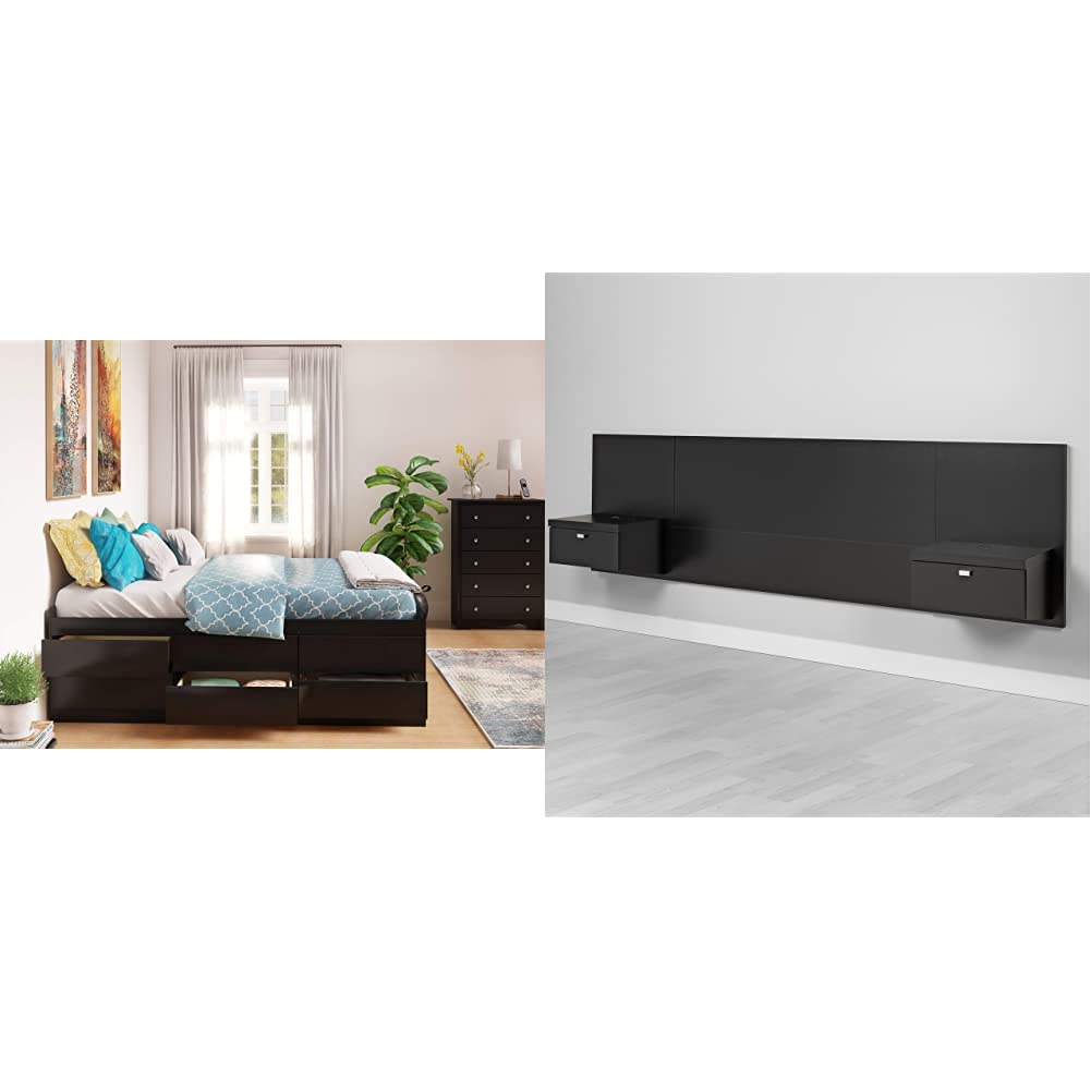 Prepac Captain's Platform Storage Bed with 12 Drawers & Series 9 Floating Headboard - Queen Size, Black - Space-Saving Bedroom Furniture with Nightstands for Modern Home Organization