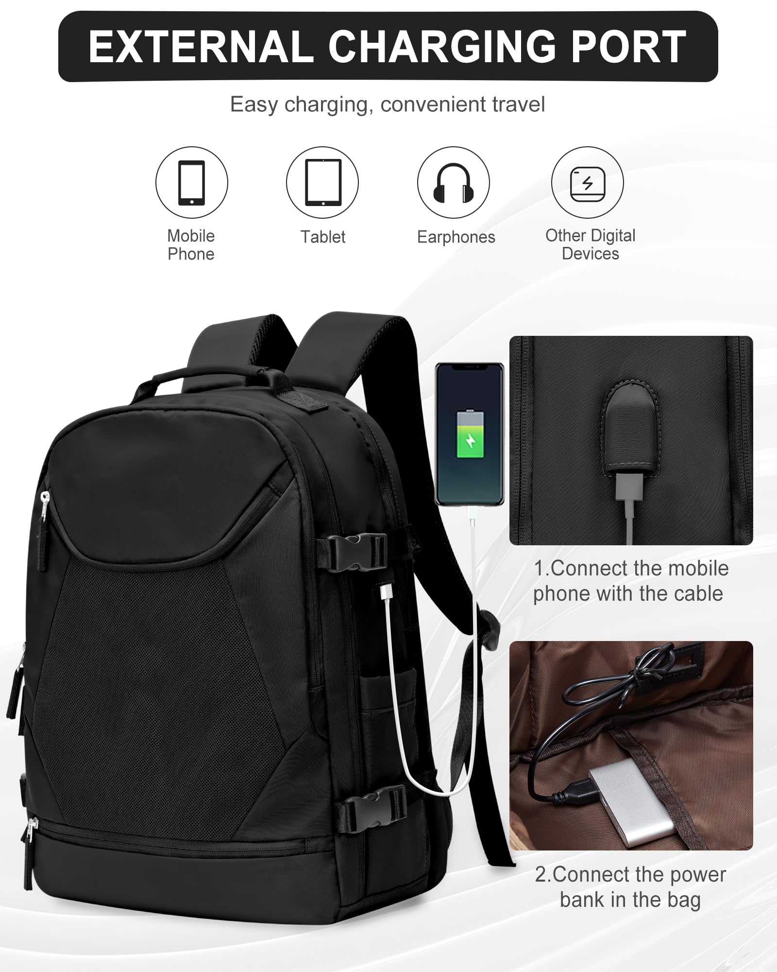 Wepadre Black Large Travel Backpack - Flight Approved Carry On Backpack for Women, Frontier Airlines Personal Item, Durable Traveling Backpack for Business Trips, Weekend Getaways & Airplane Travel