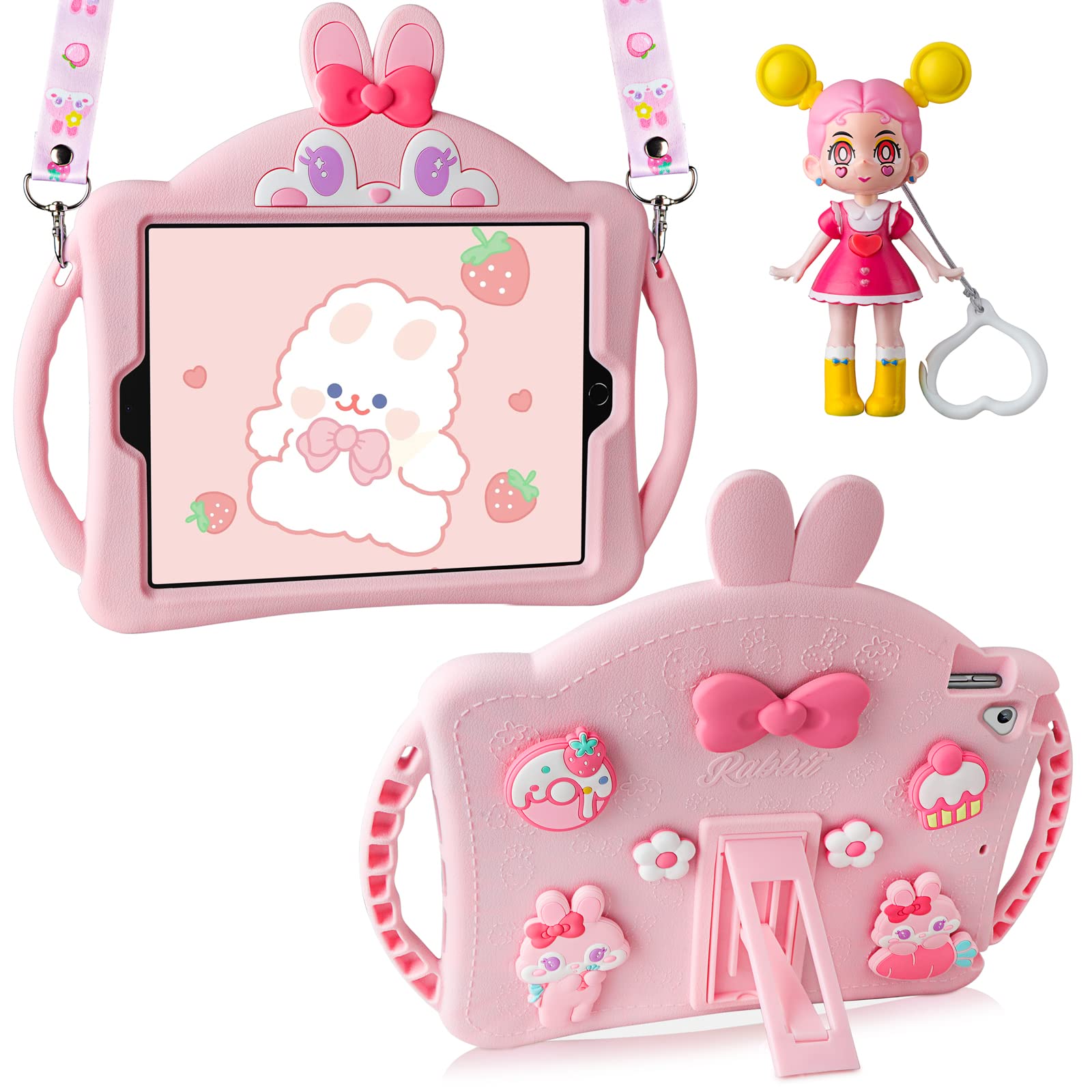 Cute Rabbit Soft Silicone iPad Case with Shoulder Strap - Compatible with iPad 6th/5th Gen (2018/2017), iPad Pro 9.7