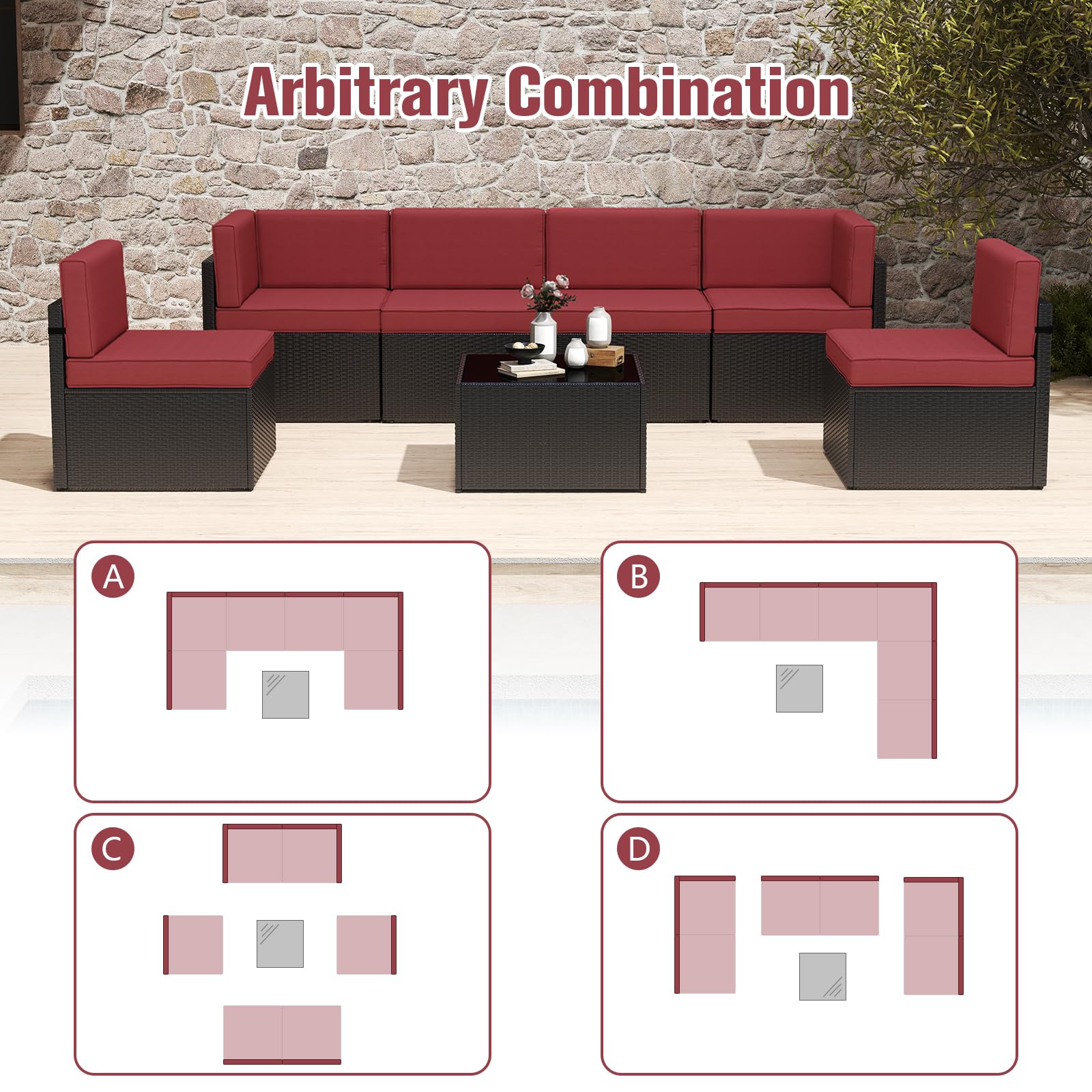 JSUN7 7-Piece Outdoor Patio Furniture Set - PE Rattan Wicker Sofa with Washable Cushions & Glass Coffee Table in Wine Red - Perfect for Garden, Backyard, and Poolside Relaxation