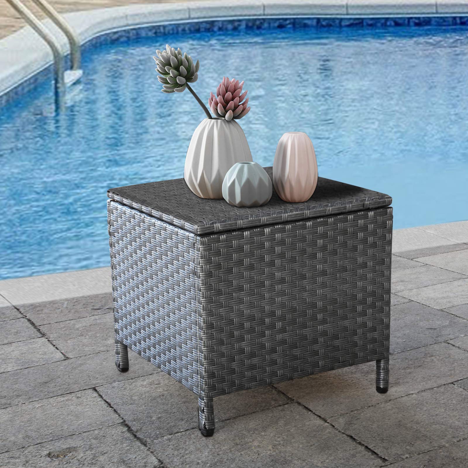 Valita Careland Outdoor PE Wicker Side Table with Storage - Square Patio Resin Rattan End Table for Furniture Covers, Toys & Gardening Tools - Grey - Perfect for Patio, Garden, Balcony & Living Room Decor