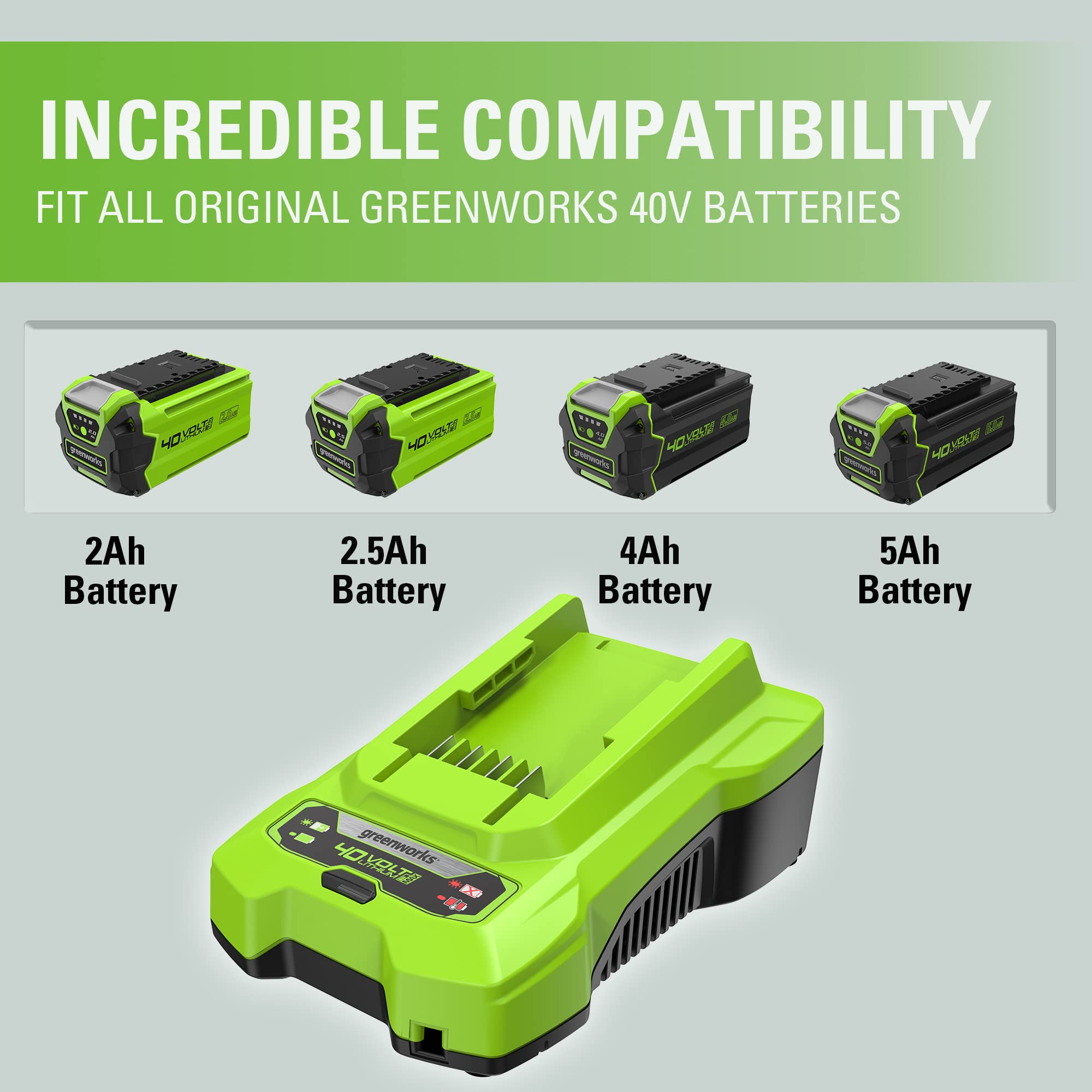 Greenworks 40V Battery Charger - Genuine OEM Replacement for Greenworks 40V Tools | Fast Charging for Lawn Mowers, String Trimmers & Leaf Blowers | Perfect for Home Lawn Care & Landscaping