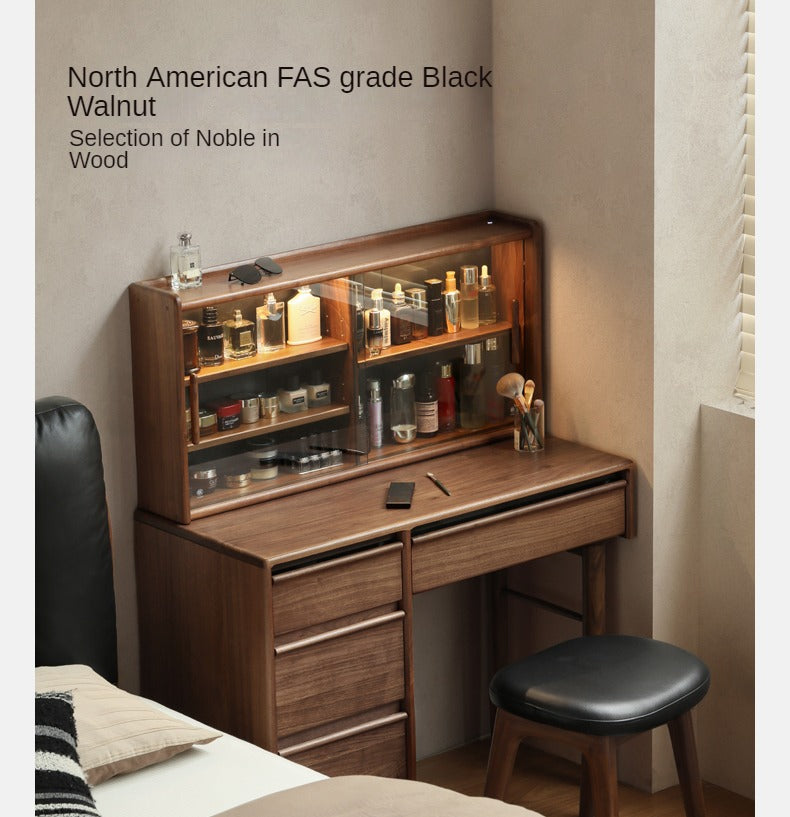Luxury Black Walnut Solid Wood Vanity Dressing Table with Mirror - Perfect for Bedroom, Makeup & Beauty Organization