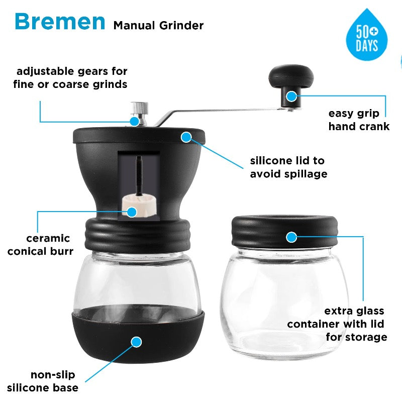 Premium Manual Ceramic Conical Burr Coffee Grinder - Adjustable Coarse to Fine Settings for French Press, Espresso & Pour Over - Portable Hand Crank Coffee Mill for Home, Camping & Travel