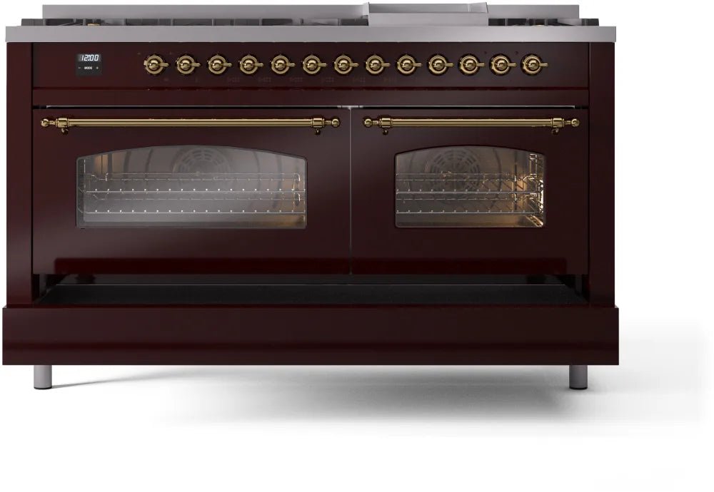 ILVE Nostalgie II 60-Inch Dual Fuel Natural Gas Range - Burgundy with Brass Trim (UP60FNMPBUG) | Professional Kitchen Stove for Home Chefs & Gourmet Cooking