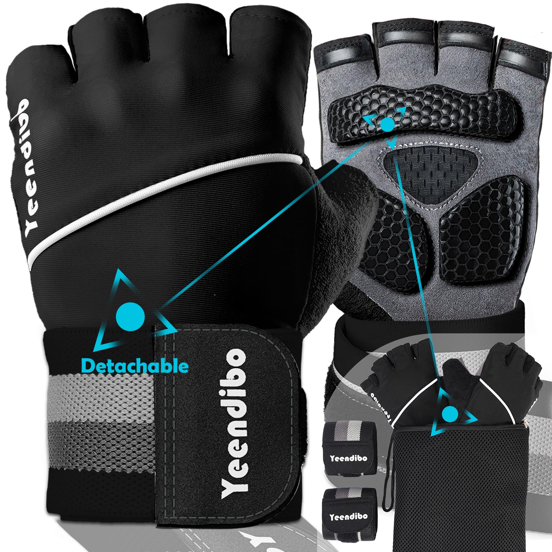 5-in-1 Workout Gloves for Men & Women - Premium Grip Weight Lifting Gloves with Detachable Wrist Support & Mesh Bag - Ideal for Gym, CrossFit, Powerlifting & Home Workouts