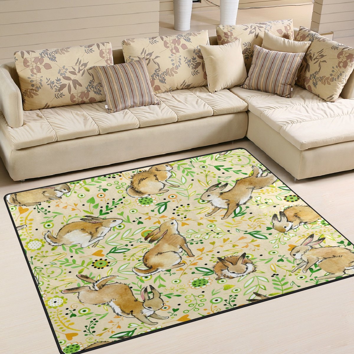Vintage Floral Rabbit Bunny Easter Rug - 7' x 5' Non-Slip Area Carpet for Living Room, Bedroom, Nursery - Spring Home Decor & Cozy Floor Mat for Easter Celebrations, Kids Playroom & Farmhouse Style Decor