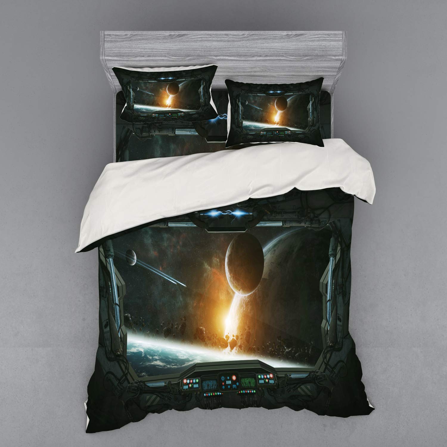 Ambesonne Outer Space Bedding Set - Queen Size 4-Piece Duvet Cover with Shams & Fitted Sheet, Grey Orange Galaxy Print, Planets & Astronaut Space Station Design | Perfect for Space-Themed Bedrooms, Kids Rooms & Sci-Fi Decor