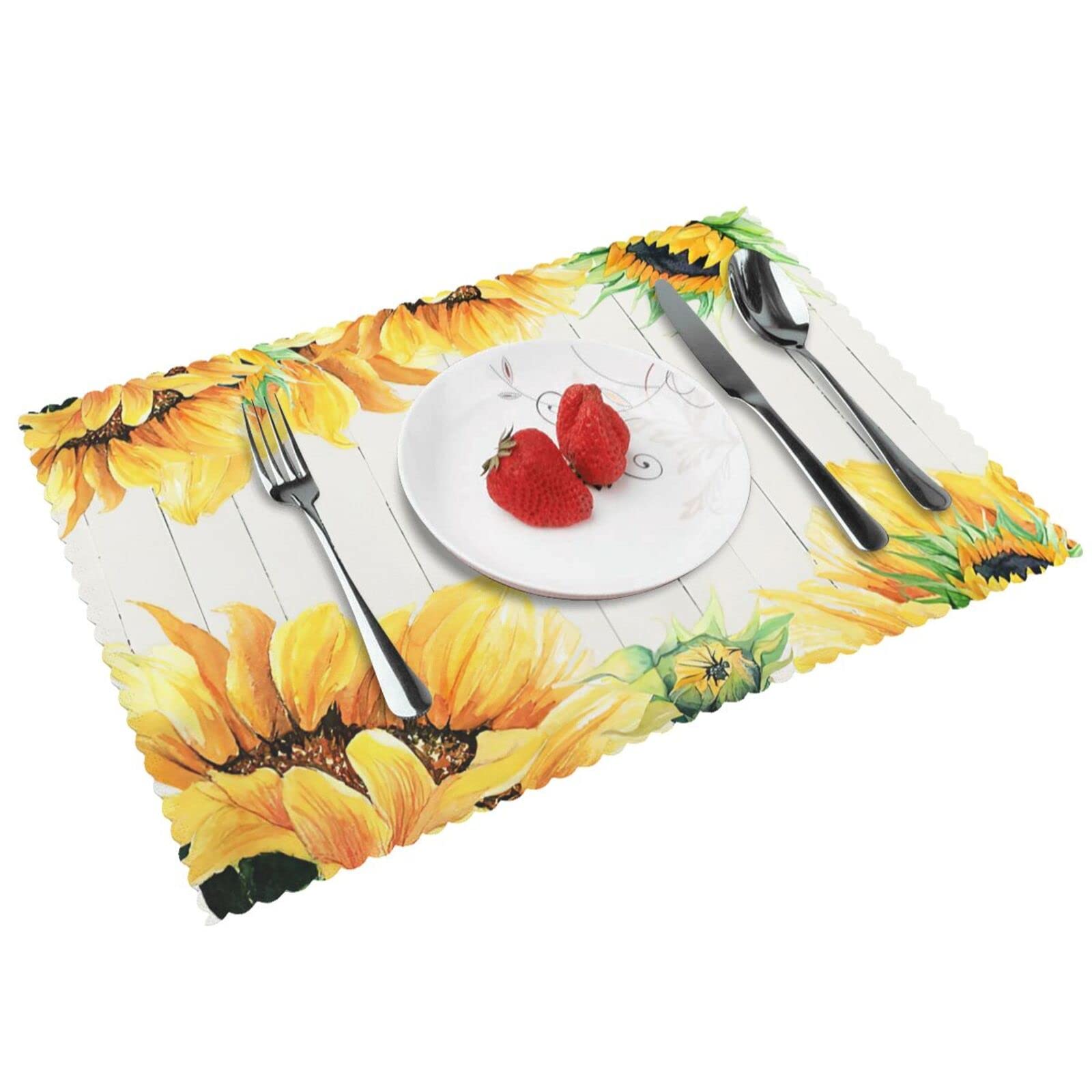 Sunflower Summer Placemats Set of 4 - 12x18 Inch Washable Table Mats for Dining Table, Rustic Vintage Kitchen Decor - Perfect for Spring Seasonal Holidays, Home Decor & Outdoor Picnics