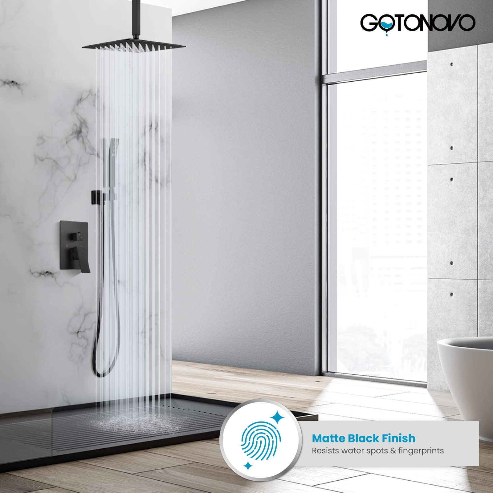 Gotonovo Luxury Matte Black Rain Shower Combo Set - 10 Inch Ceiling Mount Shower Head with High Pressure Handheld Spray, 2-Function Mixer Faucet & Rough-in Valve | Perfect for Modern Bathroom Renovation & Spa-Like Shower Experience
