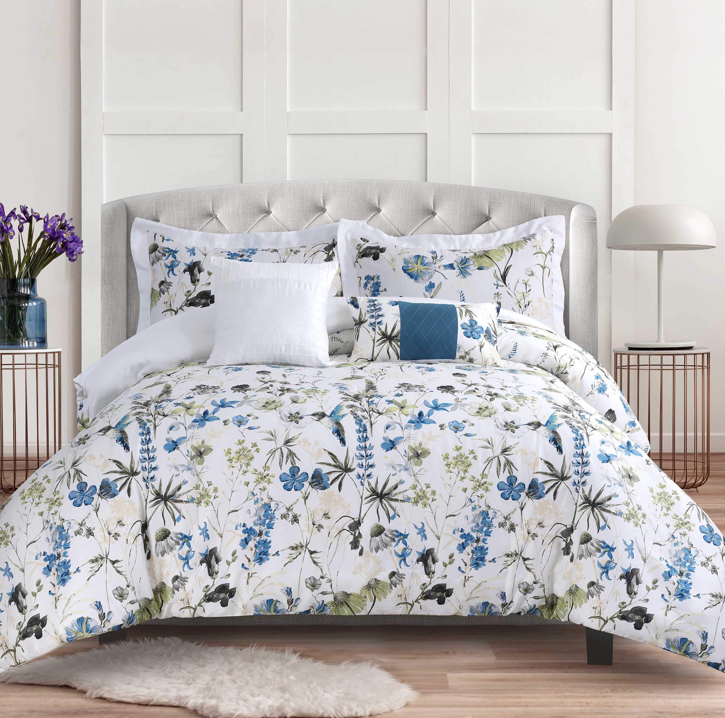 Tribeca Living Floral Print King Size Cotton Comforter Set - 5 Piece Oversized Bedding with Comforter, Pillow Shams & Decorative Pillows in Amalfi Blue Multi - Perfect for Master Bedrooms, Guest Rooms & Coastal Home Decor