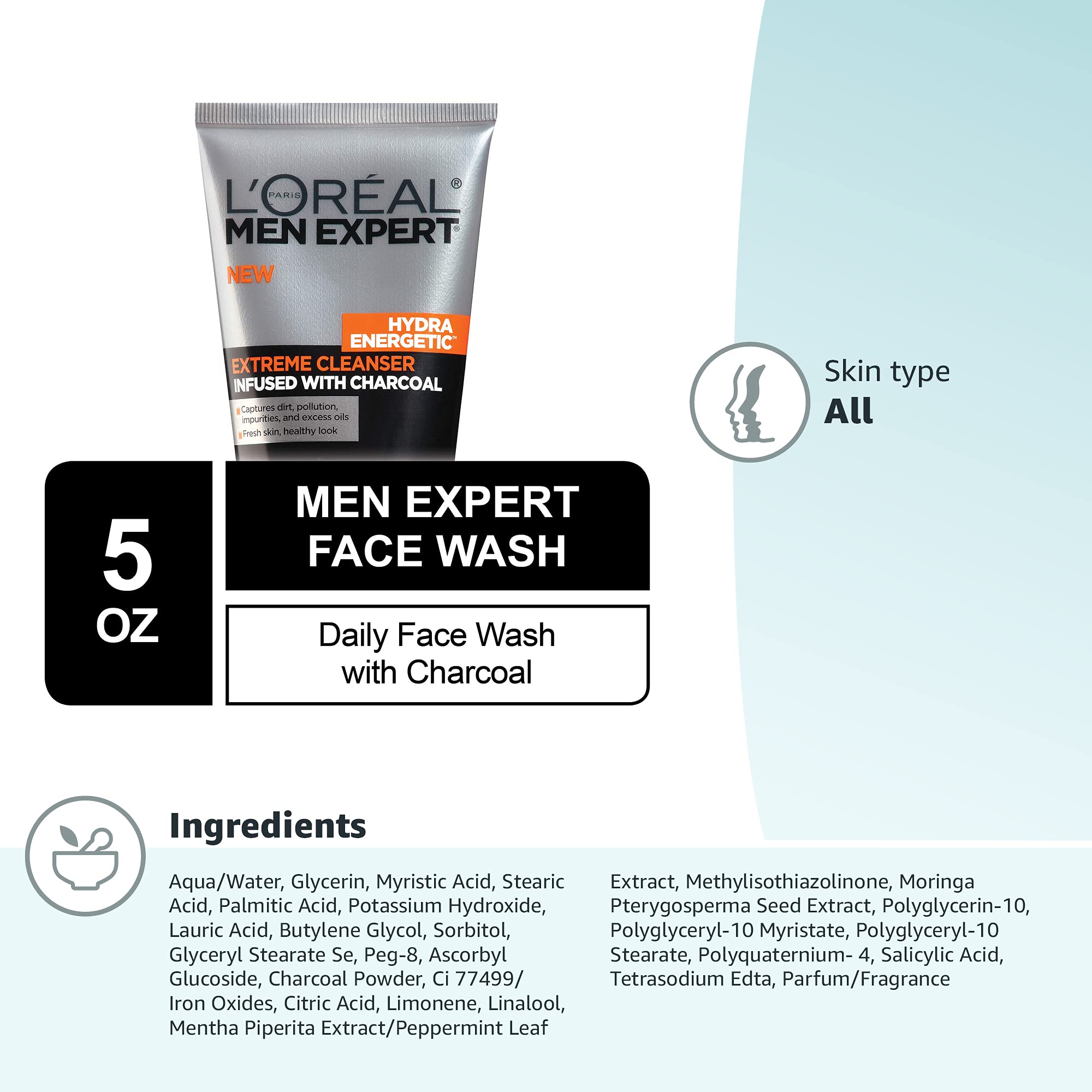 L'Oreal Men Expert Hydra Energetic Charcoal Facial Cleanser - Deep Cleansing Face Wash for Men, Oil Control & Blackhead Removal, 5 fl. Oz - Perfect for Daily Skincare Routine & Beard Care