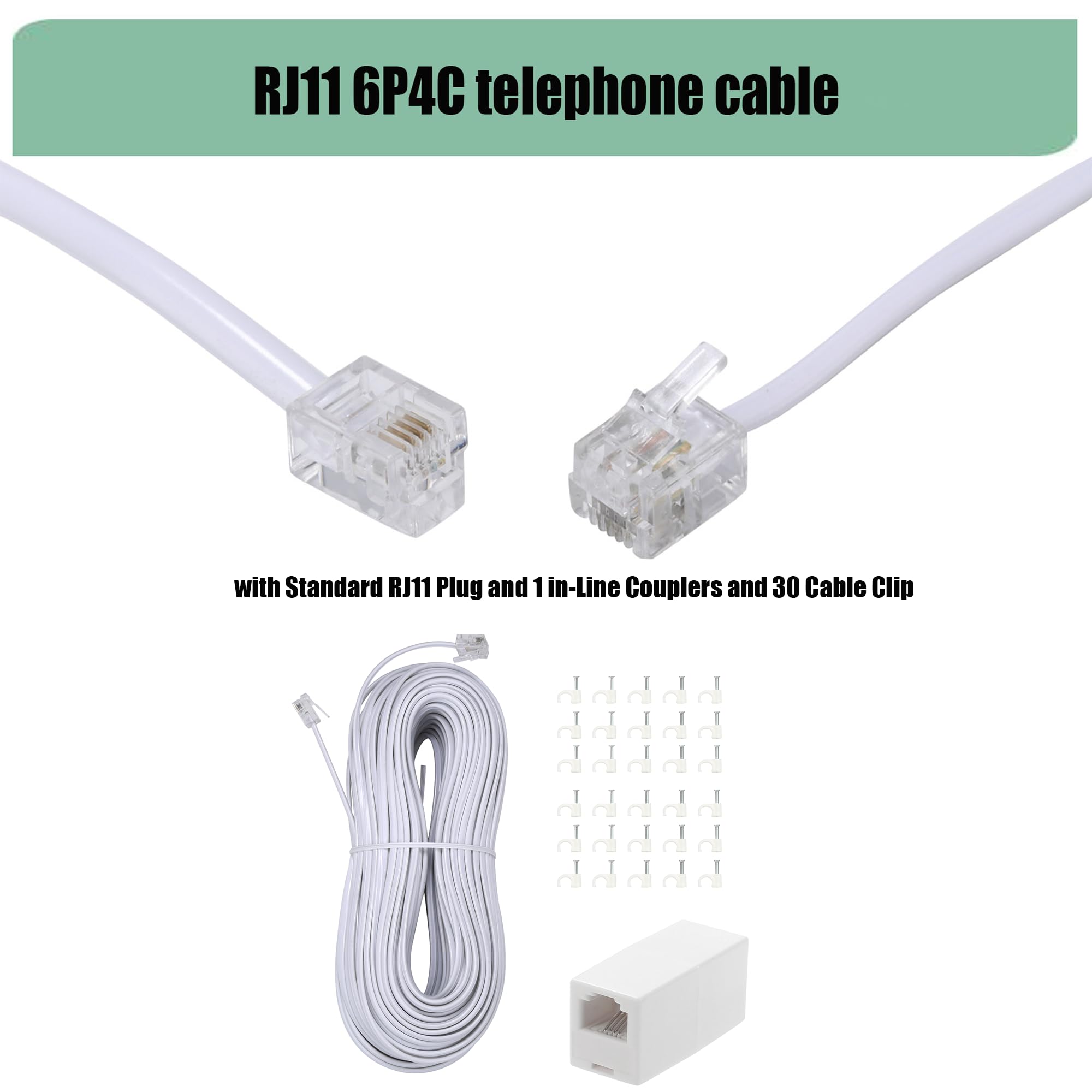 TOYAYAYO 100ft Long Telephone Extension Cord - White RJ11 Phone Cable with 1 In-Line Coupler & 30 Cable Clips - Ideal for Home, Office & Telecom Installations