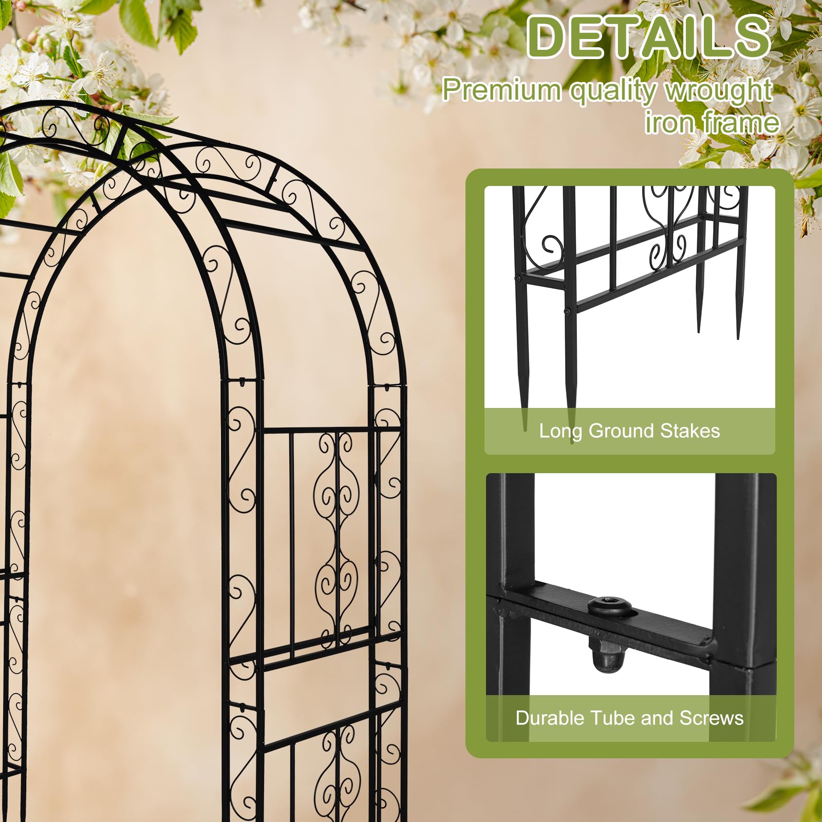 Outvita 7FT Heavy Duty Metal Garden Arch Arbor - Black Decorative Trellis with 7 Inch Ground Stakes for Climbing Roses, Vines & Wedding Decor | Perfect for Courtyard, Patio, Lawn & Outdoor Ceremonies