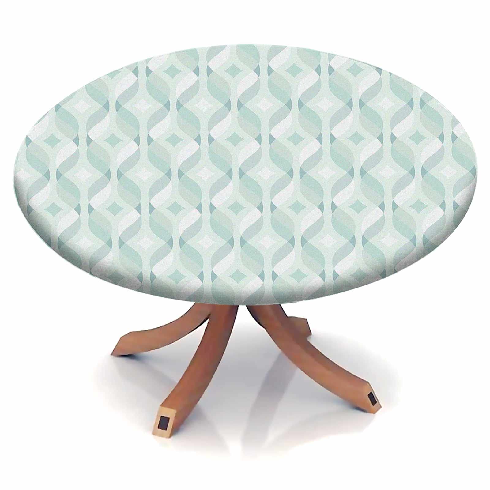 Waterproof Oil-Proof Elastic Tablecloth - 60 Inch Round Table Cover in Pale Blue Seafoam White | Stretchable Fitted Tablecloth for 48