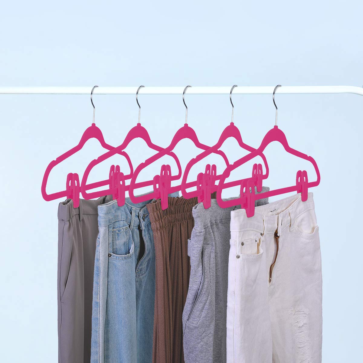 20-Pack Hot Pink Velvet Hangers with Strong Finger Clips - Non-Slip Pants Hangers for Thin Clothes | Perfect for Closet Organization, Wardrobe Storage & Travel Use