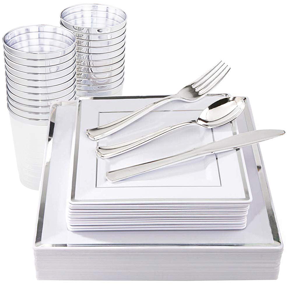 150-Piece Silver Plastic Dinnerware Set - 25 Square Plates, Dessert Plates, Forks, Knives, Spoons & Tumblers - Disposable Silverware for Parties, Weddings & Events