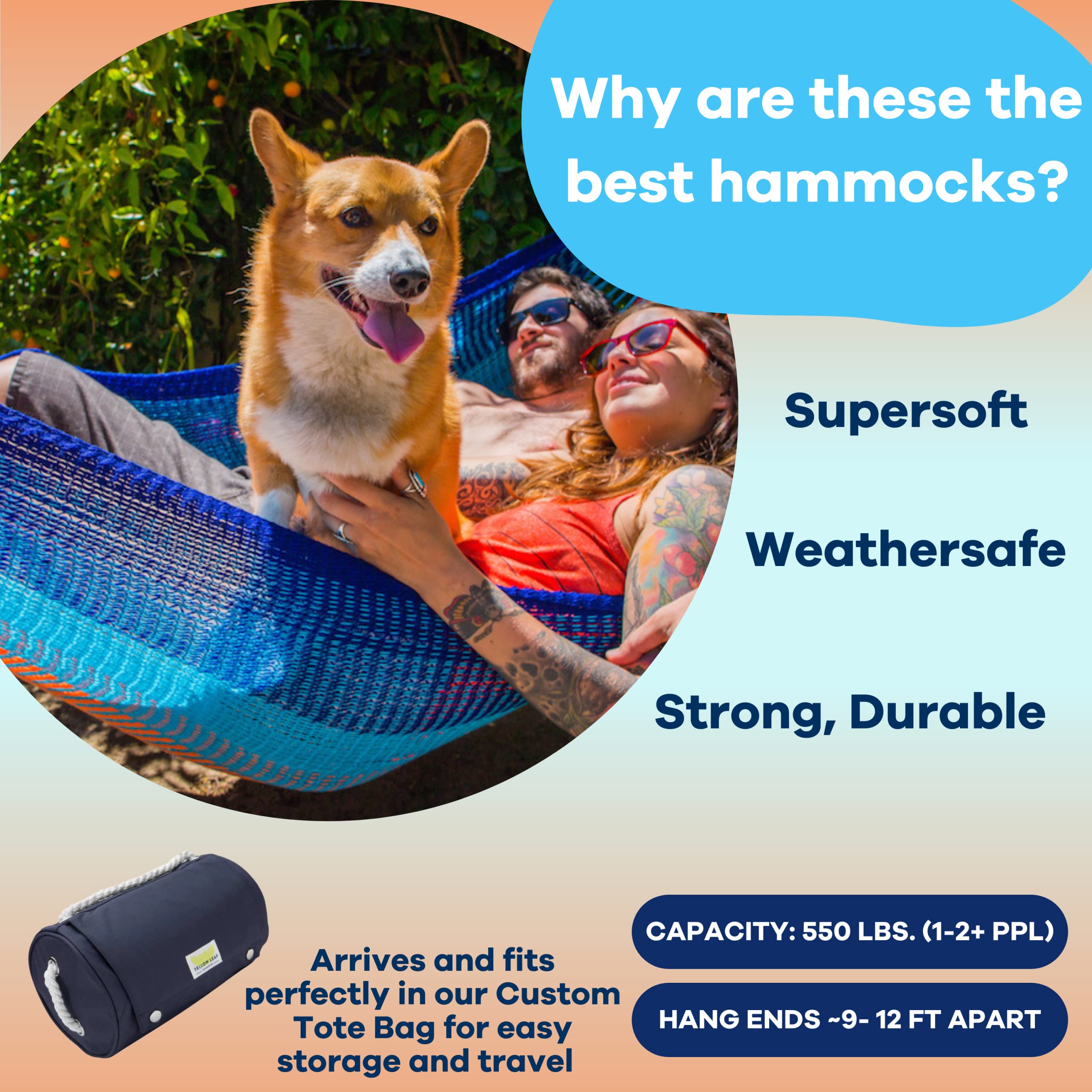 Premium Handwoven Hammock by Yellow Leaf Hammocks - Family Size for 2+ People (550lb Capacity) - Weatherproof & Ultra Durable - Easy Setup Hanging System - Artisan Crafted Soft Cotton - Blue & Orange Design - Perfect for Backyard, Beach, Camping & Outdoor Relaxation