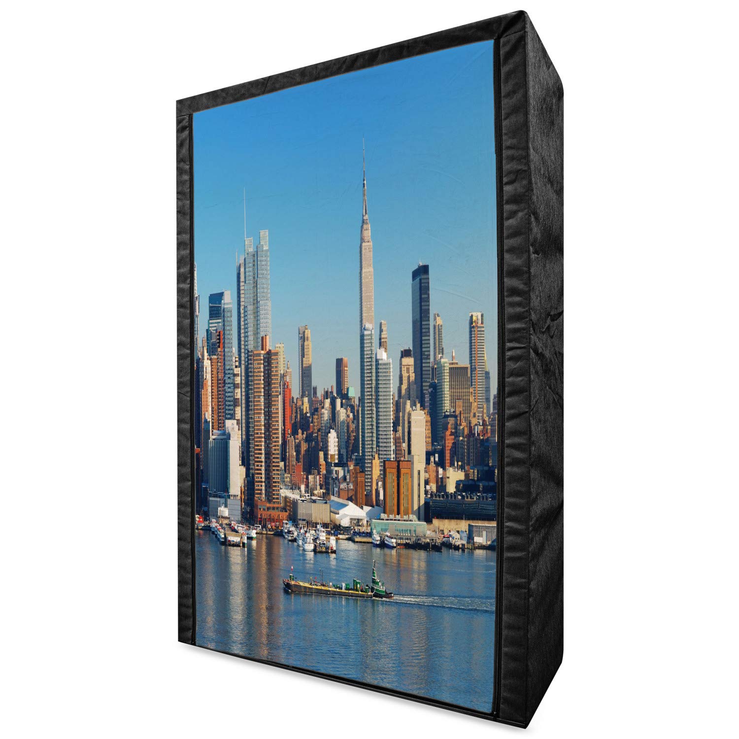 Ambesonne New York Portable Fabric Wardrobe with Shelves - 42.5 Inch Urban City Skyline Design Featuring Manhattan & Empire State Building - Blue Grey Clothing Organizer for Bedroom, Closet, Dorm or Apartment Storage Solution