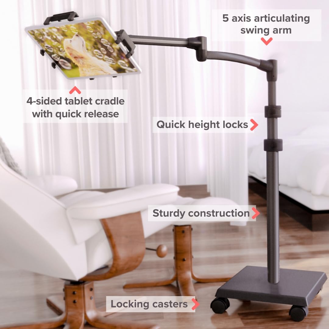 LEVO G2 Deluxe iPad Rolling Floor Stand Cart Kiosk - Adjustable Holder for iPad, iPad Pro, iPad Mini, Samsung Galaxy, Microsoft Surface Pro, Amazon Fire & Tablets - Gunmetal (Home, Office, Retail & Restaurant Use)