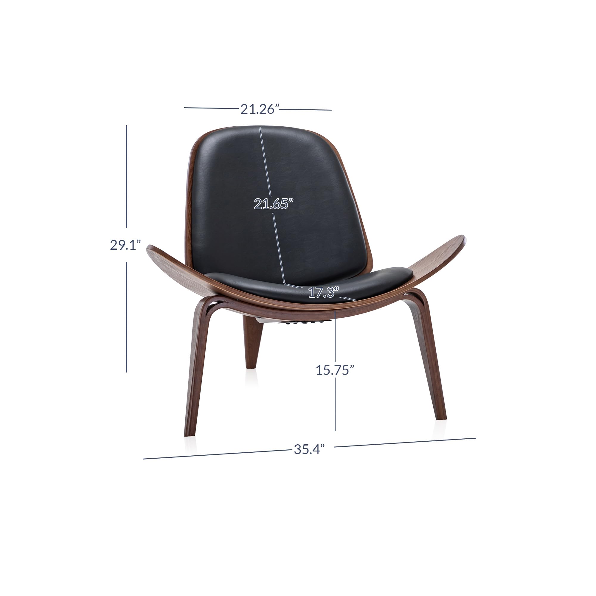 BELLEZE Mid Century Modern Shell Chair - Armless Accent Chair with Faux Leather Upholstery, Padded Seat & Solid Wood Tripod Base for Living Room, Bedroom, Office - Avalon Black Lounge Chair for Relaxing & Stylish Decor