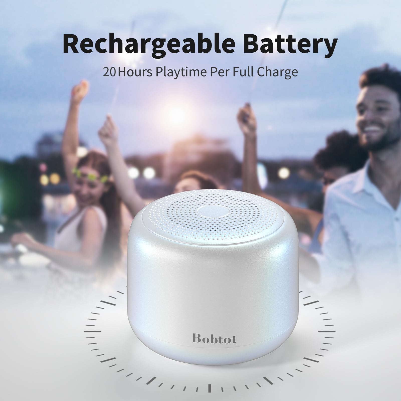 Bobtot Portable Bluetooth Speaker with Strap - Wireless IPX5 Waterproof Mini Speaker with Loud Stereo Sound, 20H Playtime, Rechargeable Battery & Built-in Mic - Perfect for Outdoor Activities, Travel, Beach & Pool Parties (White)