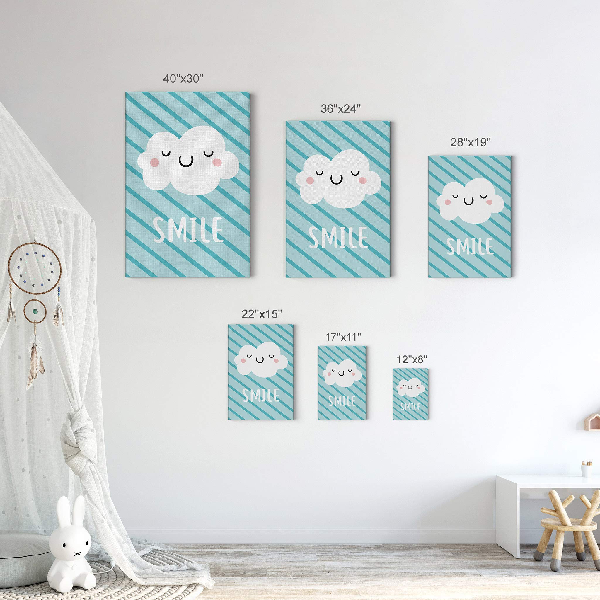Smile Art Design - Lovely Cloud Smile Lettering Blue Background Canvas Print - Kids Room Decor, Nursery Wall Art, Baby Room Decoration - Ready to Hang (22x15 inches) - Made in USA - Perfect for Nursery, Bedroom, Playroom & Gift Ideas