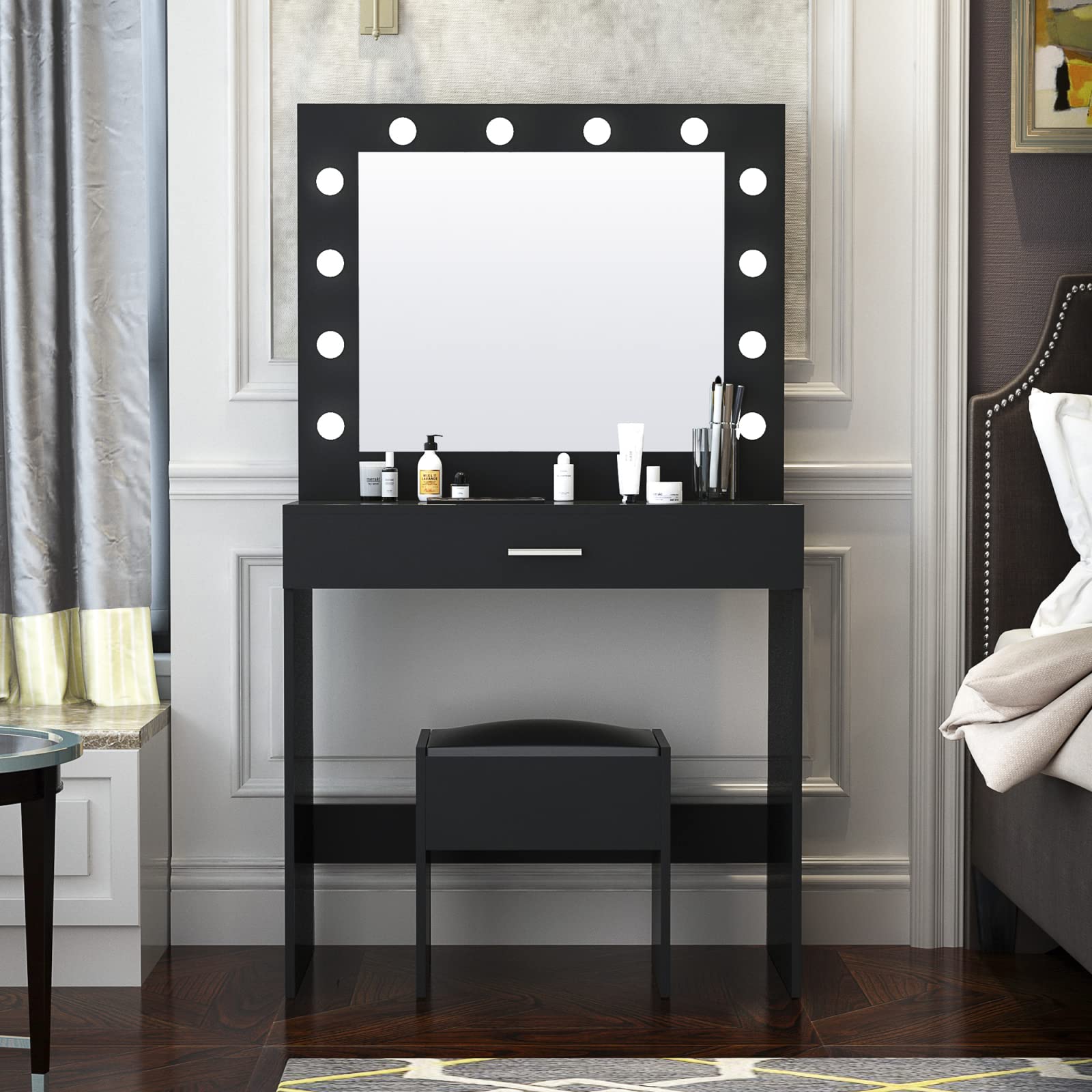 Modern Vanity Table Set with LED Lighted Mirror, 12 Bulbs Makeup Dressing Desk with Drawer & Stool - Elegant Black Bedroom Vanity Set for Women & Girls | Perfect for Makeup, Skincare & Hair Styling in Bedroom or Bathroom
