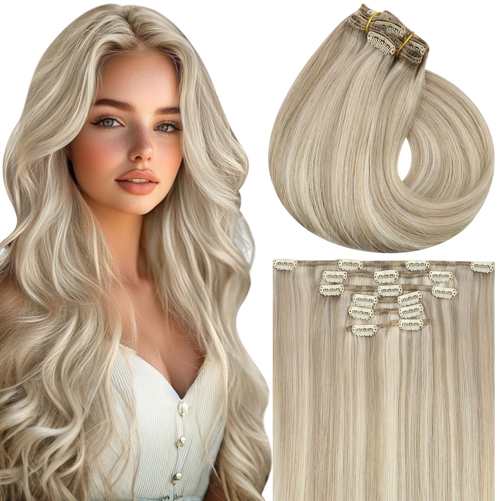 Vivien 18 Inch Clip-in Human Hair Extensions - 7pcs 120g Remy Hair in Blonde & Ash Blonde | Natural Look for Daily Wear, Parties & Special Events
