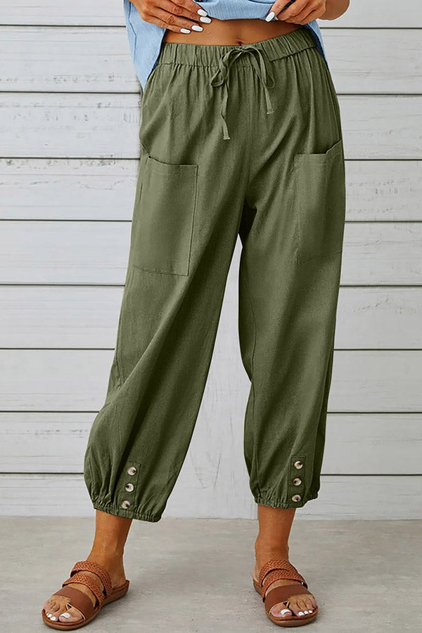 Tatum Women's Linen Blend Elastic Waist Pants with Pockets & Button Hem - Comfortable Casual Pants for Work, Travel & Everyday Wear