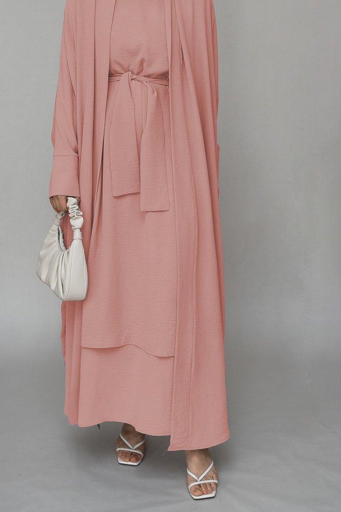 Prilla 3-Piece Abaya Set - Long Sleeve Slip Dress, Throw Over & Belt in Pink | Modest Muslim Fashion for Prayer, Eid & Special Occasions