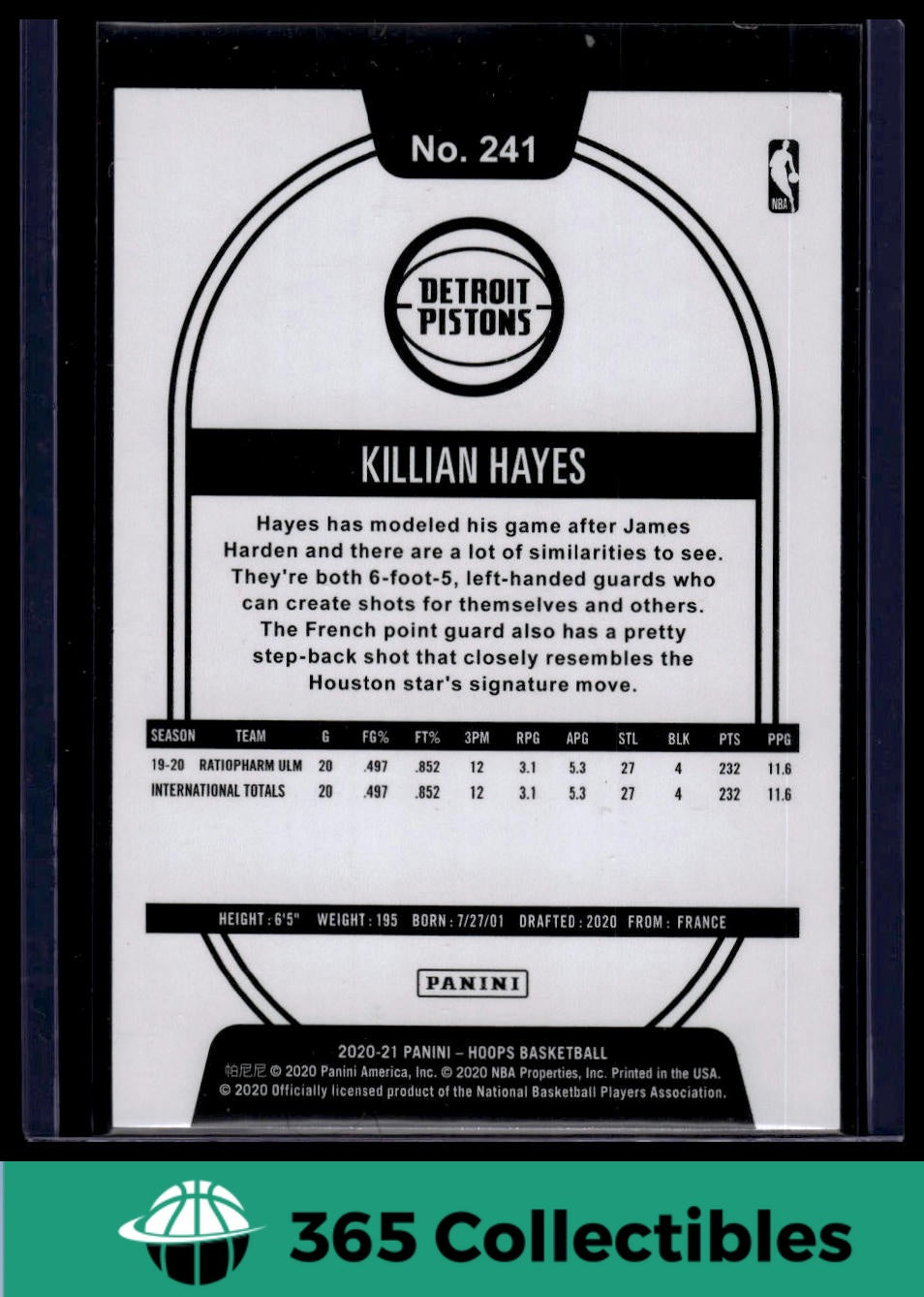 2020-21 Panini Hoops Killian Hayes Blue #241 Detroit Pistons Rookie Basketball Card - Perfect for Collectors, Fans, and Sports Memorabilia Enthusiasts