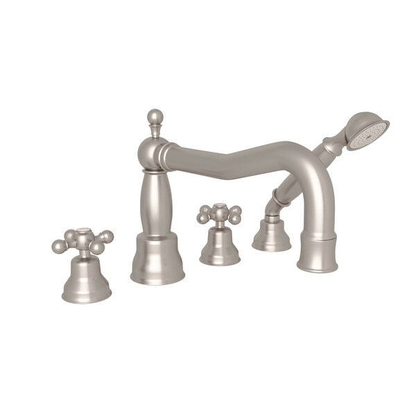 Arcana 4-Hole Deck Mount Tub Filler with Hand Shower and Cross Handle - Modern Bathroom Faucet for Bathtub and Shower Combo