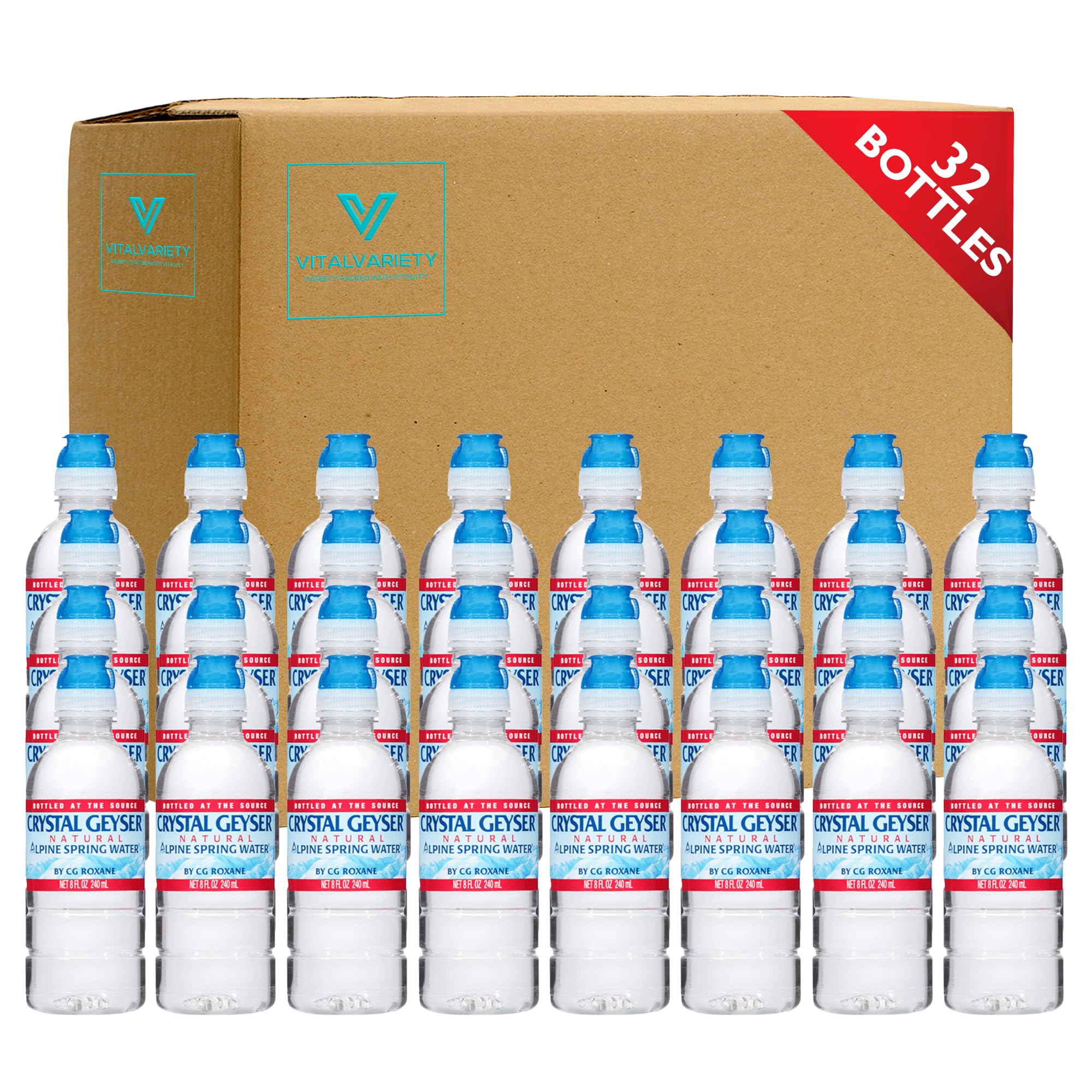 Crystal Geyser Natural Alpine Spring Water 8 oz (32 Pack) - Small Sports Cap Bottles for Hydration On the Go | Perfect for Gym, Hiking, Travel & Office Use
