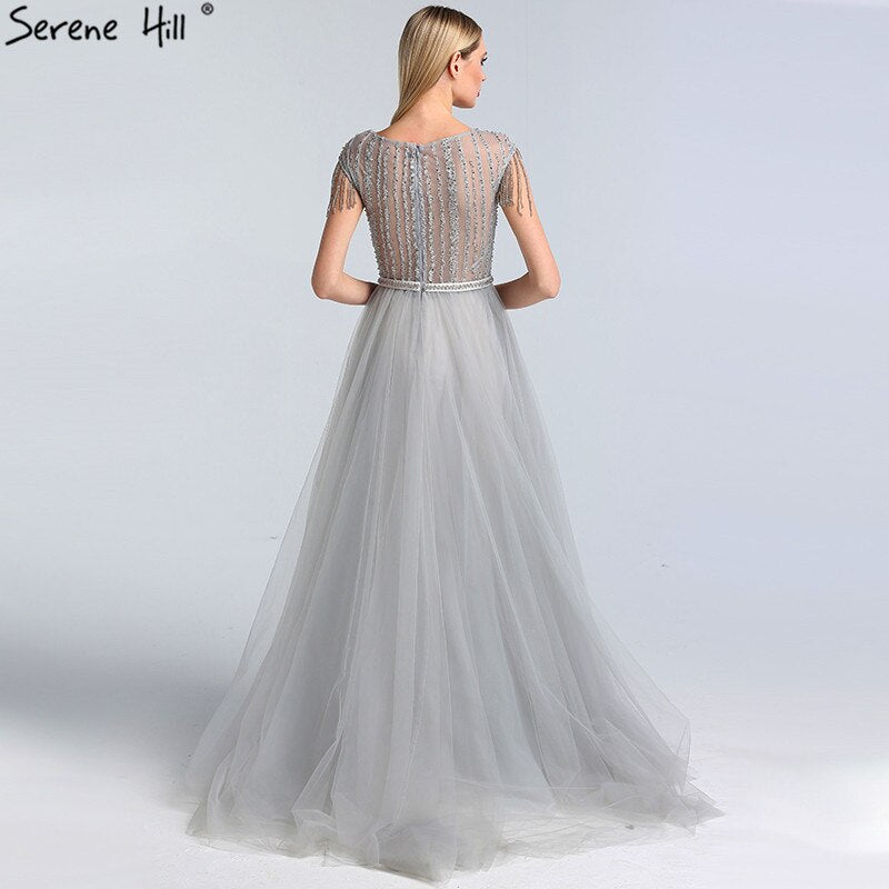 Serene Hill Grey Luxury Beaded Tassel Evening Gown with Train & Cap Sleeves - Elegant Women's Party Dress for Prom, Gala & Formal Events 2025 (LA60874)