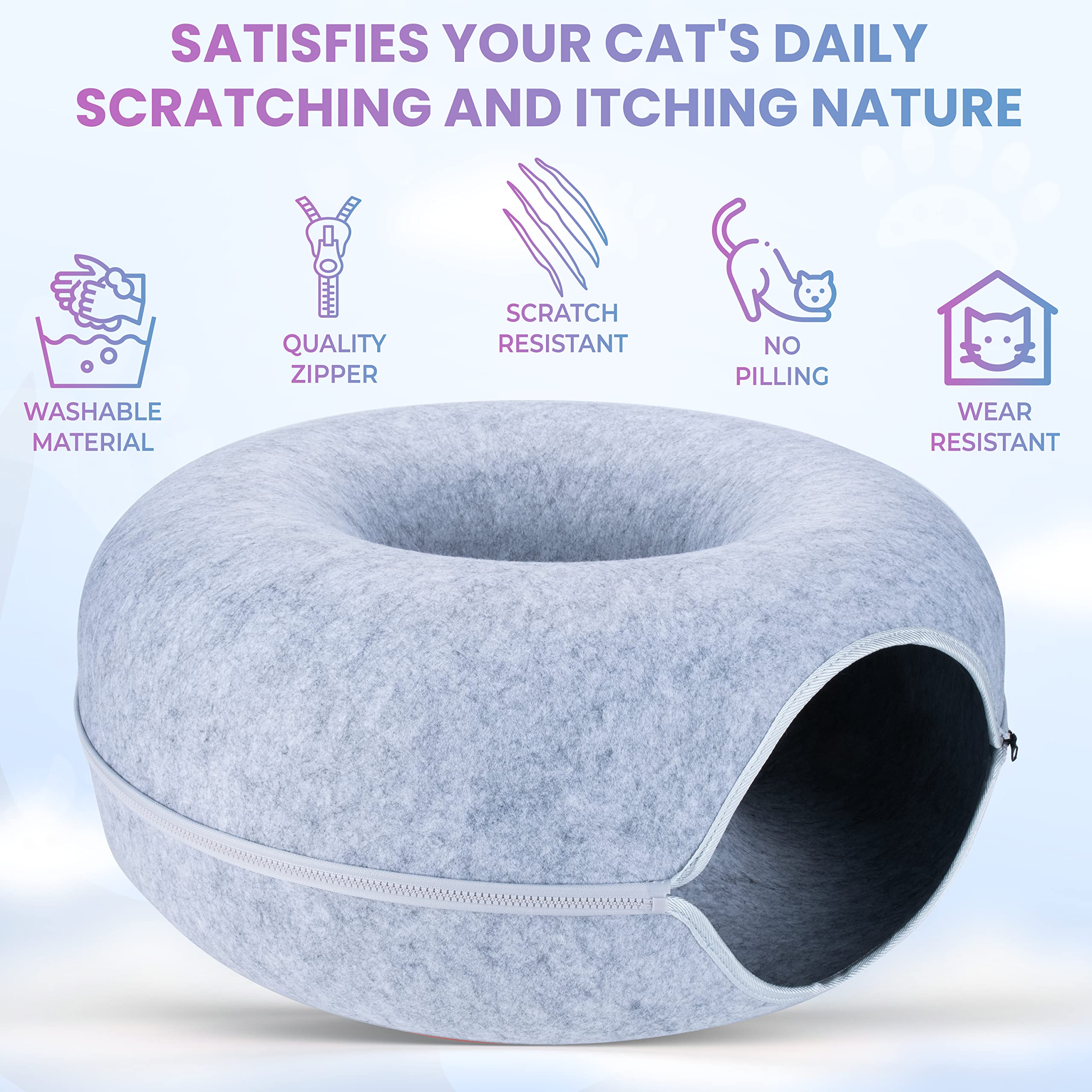 Cozy Cat Cave Bed with Tunnel & Peekaboo Hideout - Plush Donut Cat Bed for Small to Large Cats (Up to 20lbs) - Includes 3 Fun Plush Toys - Light Grey Pet Furniture for Indoor Cats - Perfect for Napping, Playtime & Stress Relief
