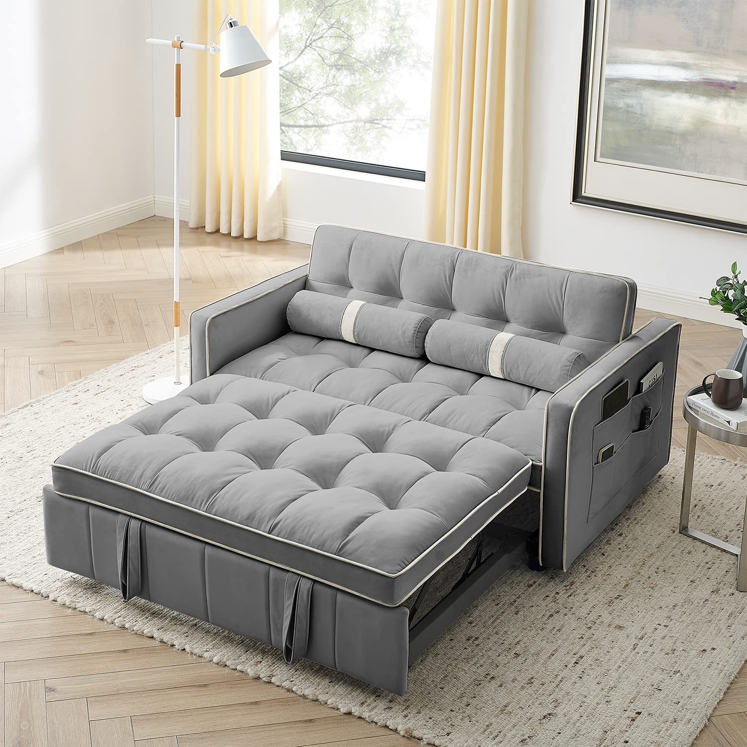 3 in 1 Convertible Sleeper Sofa Bed - Small Tufted Velvet Loveseat with Pullout Bed & Adjustable Backrest - Modern Futon Couch for Living Room, Apartment & Small Spaces - Includes Cylinder Pillows - Easy Assembly - Grey (55.5