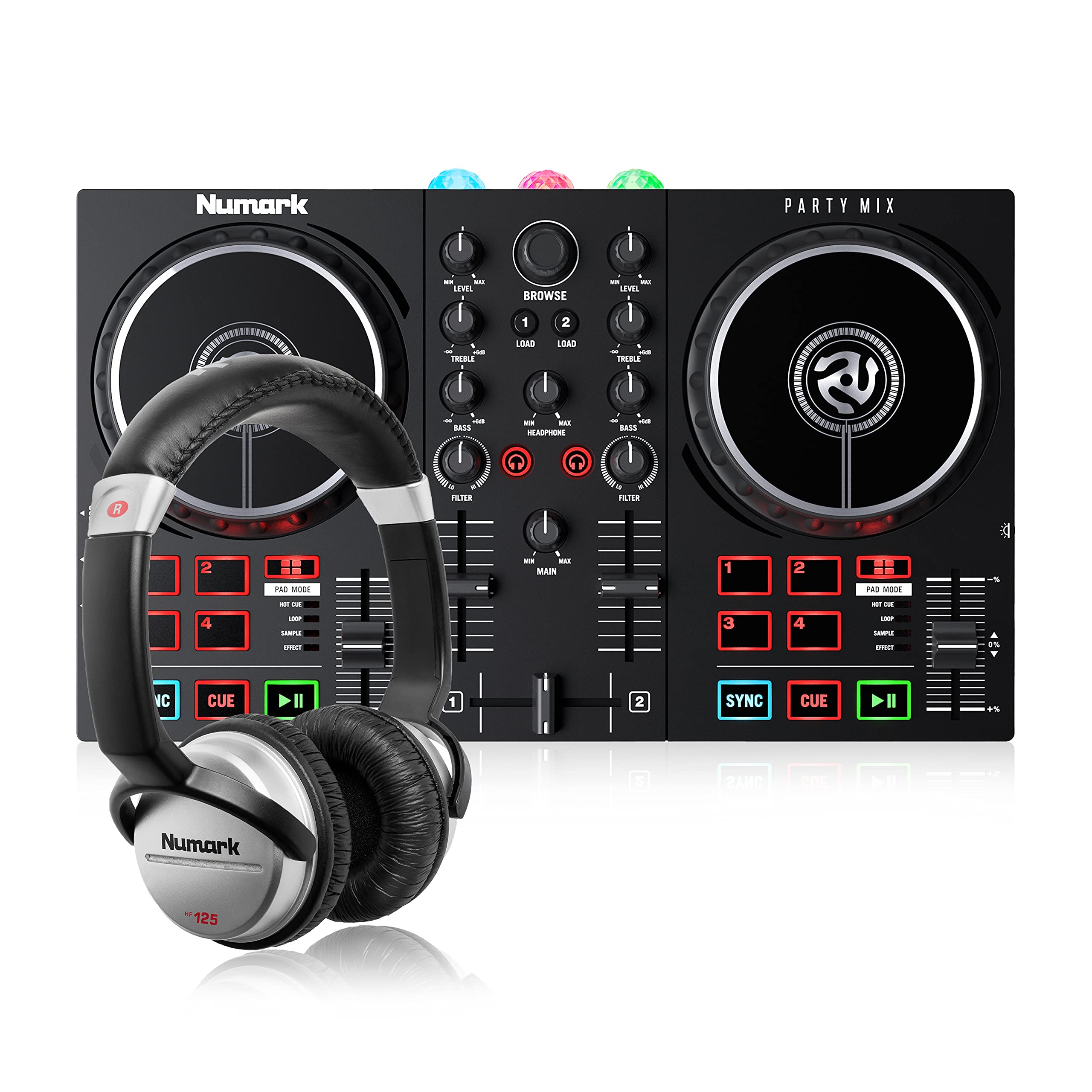 Numark Party Mix II DJ Controller with HF125 Headphones - Complete DJ Set for Beginners, Built-In Lights, Mixer & Portable Headphones - Perfect for Home Parties, Events & DJ Practice